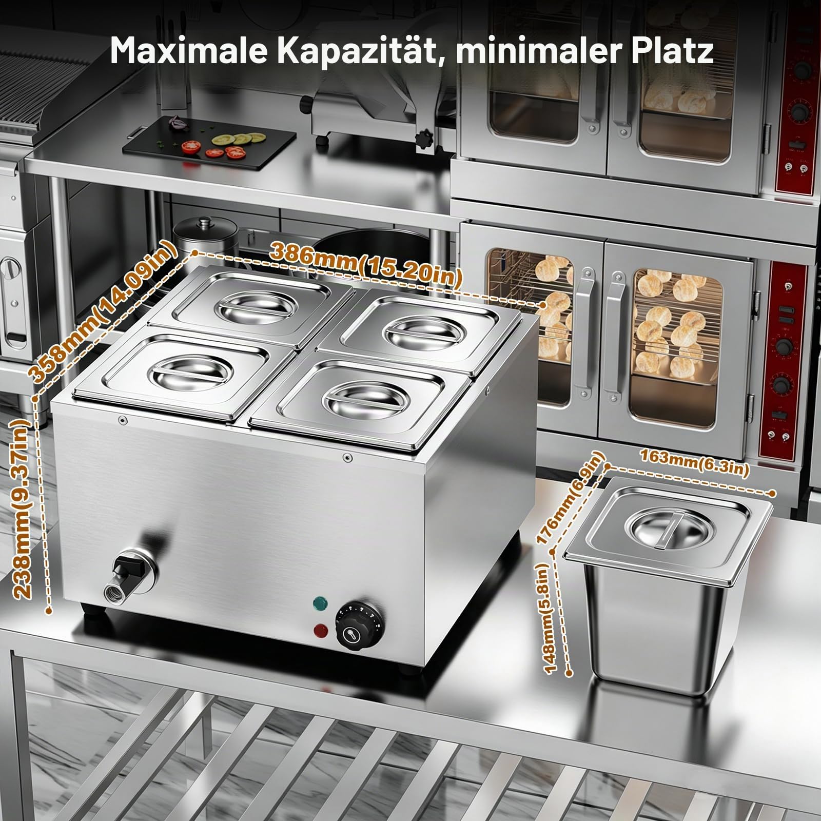 TAIMIKO Bain Marie Speisenwärmer 1500W Elektrisches Buffetwärmer 220V Schmelztopf Professioneller kommerzieller Tellerwärmer mit 4 x 1/6 Töpfen (4 Pots)