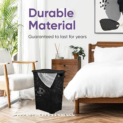 Miniatura 9 de Cesta de lavandería diseñada con tapa paquete de 3 cestas de plástico para lavandería organizador de tela alta negra con asas recortadas Ahorra