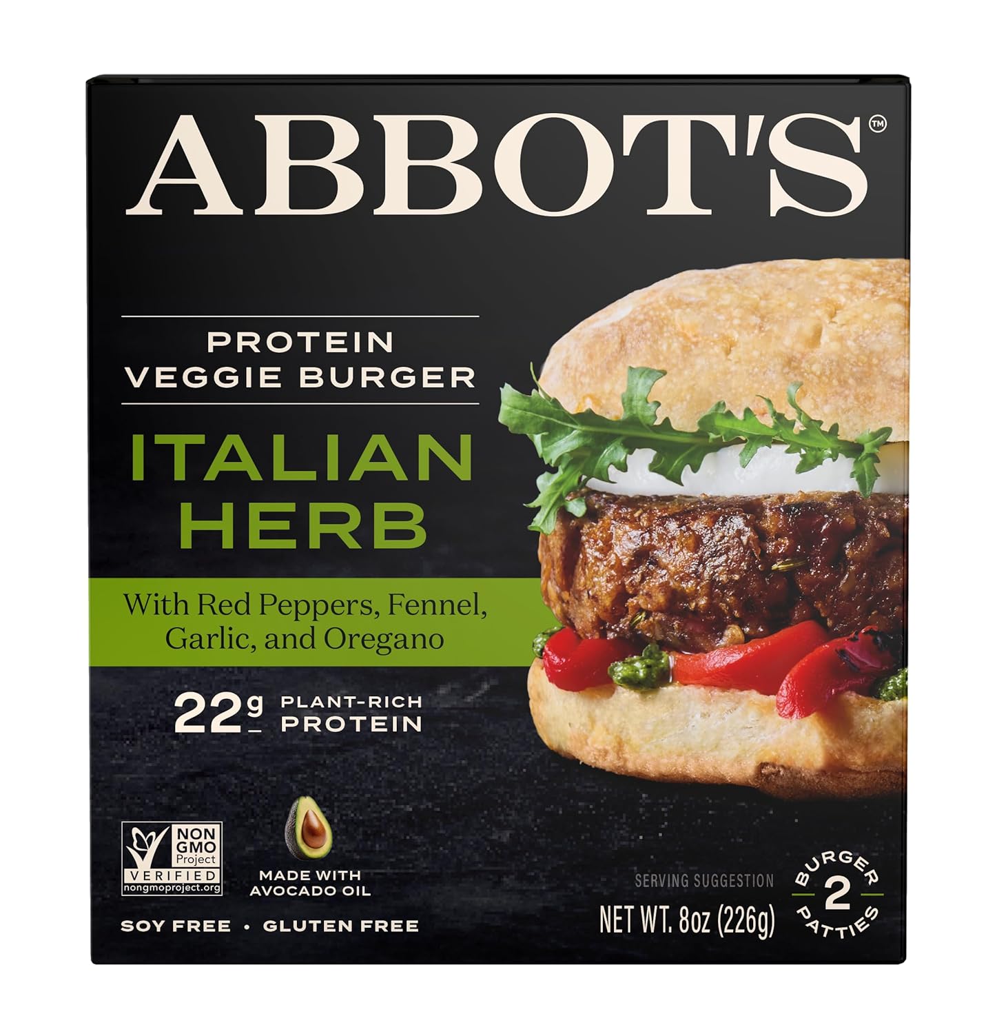 Abbot's Butcher Italian Herb Veggie Burger - 22g Plant Protein, Vegan Meat Alternative, 8oz Pack