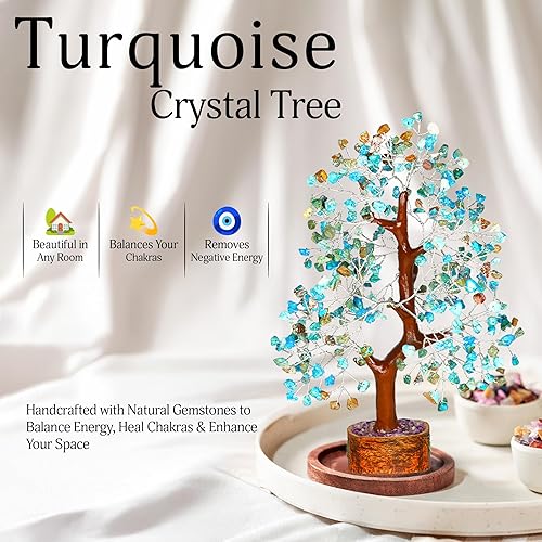 Miniatura 6 de YATSKIA - Árbol de cristal turquesa Feng Shui, alambre, bonsái Buhha, estatua reiki, Chakra curativo energía positiva, buena suerte dinero regalos
