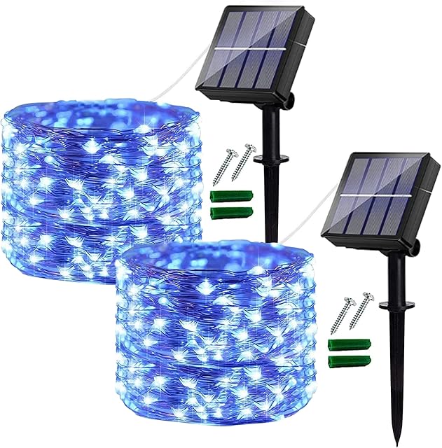 Solar String Lights Outdoor, 2 Pack 120LED Solar Garden Lights Waterproof, 14M/46Ft 8 Modes Indoor/Outdoor Fairy Lights Copper Wire Decorative Lighting for Patio, Yard, Party, Wedding (Blue)
