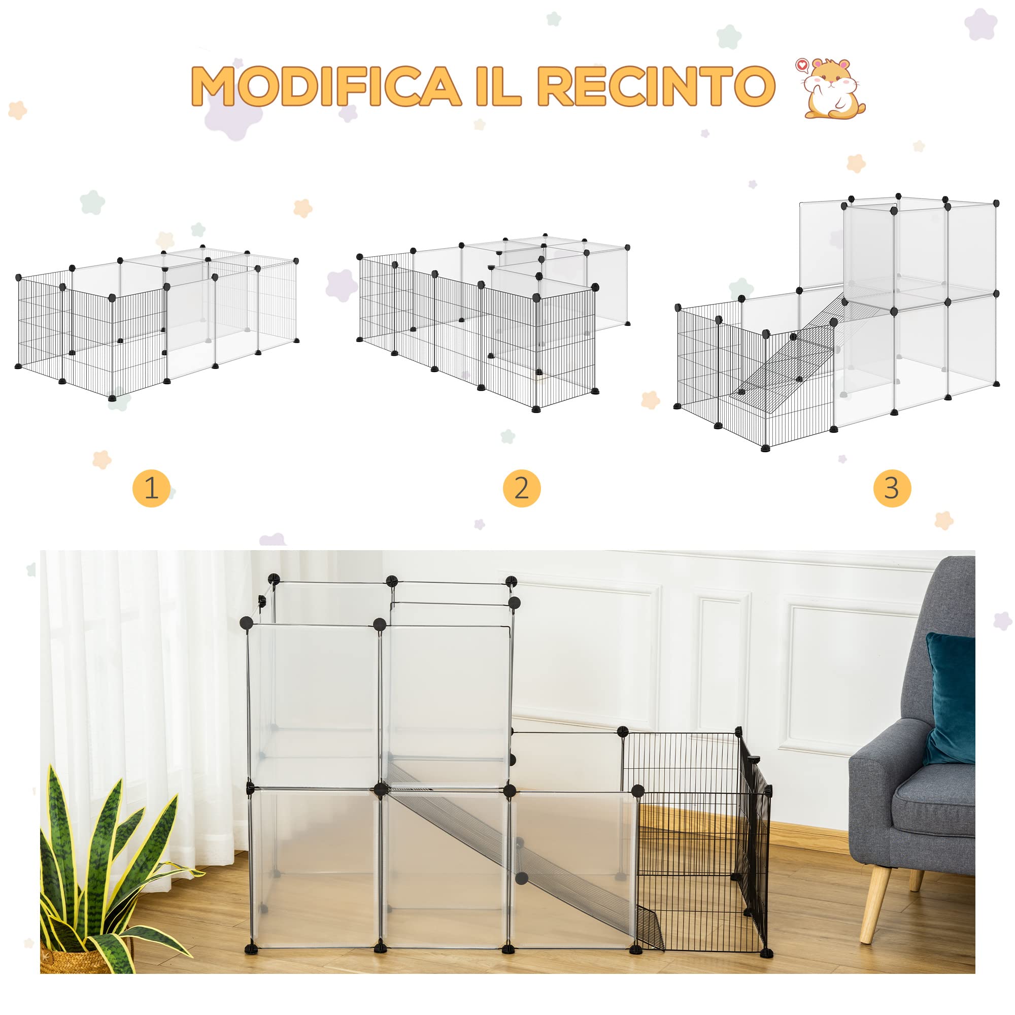 PawHut Recinto Modulare per Conigli, Cincillà e Porcellini d'India, Box per Animali di Piccole Dimensioni, 27 Pannelli Acciaio e Resina