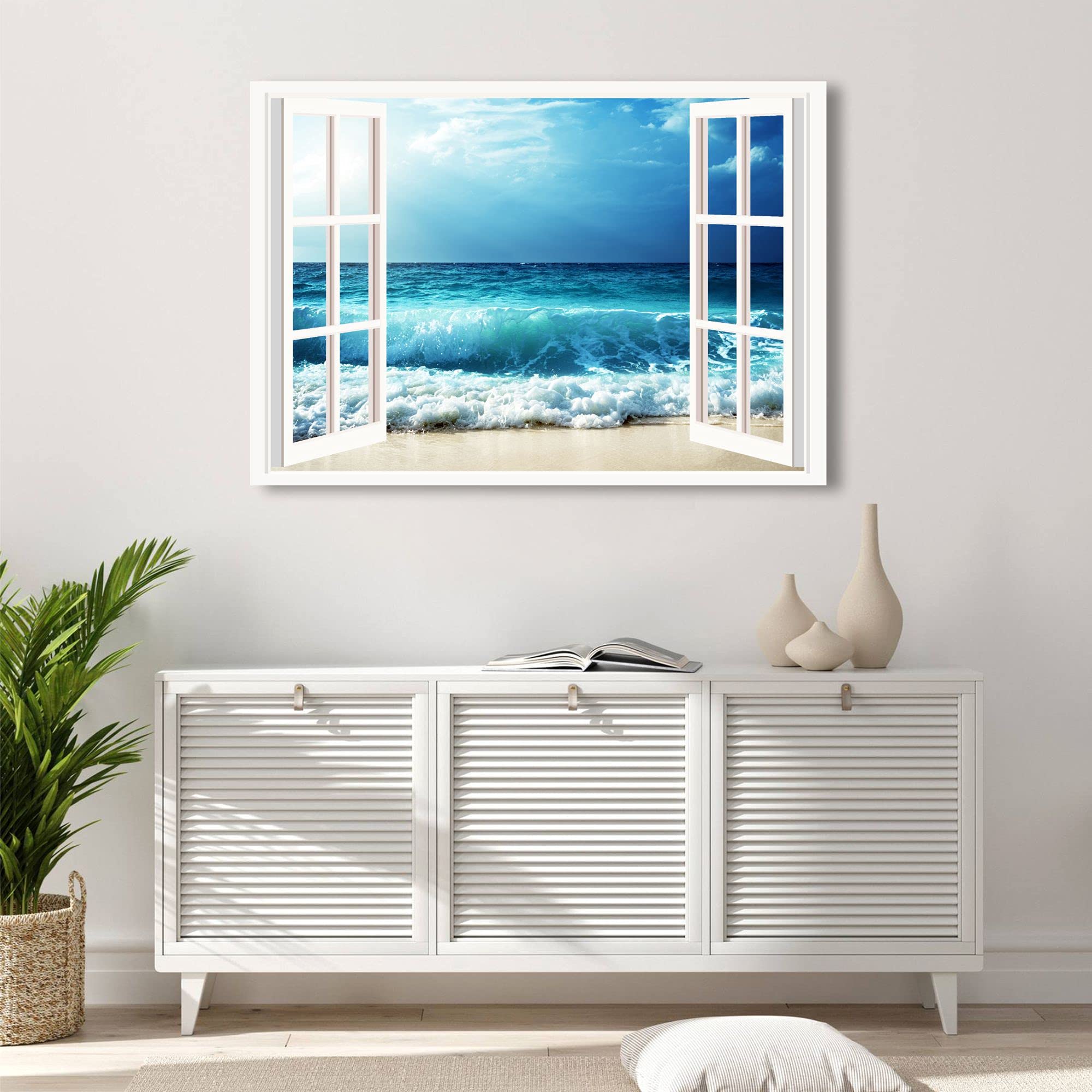 Quadri L&C ITALIA Quadro Mare e Finestra 1 - Stampa su Tela Canvas da Parete 100 x 70 con Paesaggio Marino per Soggiorno Camera da Letto Cucina Salotto Ufficio