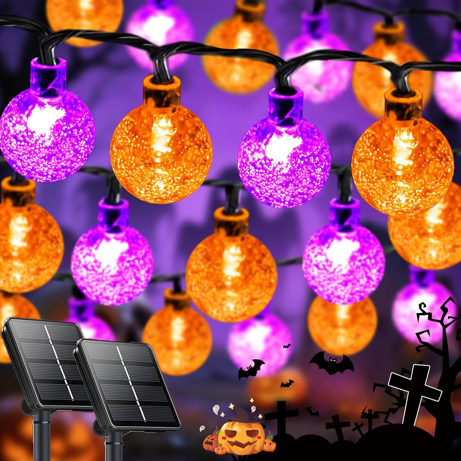 LORRYTE 2-Pack 100 LED 64FT Purple and Orange Solar Halloween Lights, Outdoor Waterproof Solar Globe String Lights with 8 Lighting Modes, Halloween Outdoor Decorations for Garden Party Purple&Orange 2 Pack-100LED(Solar)