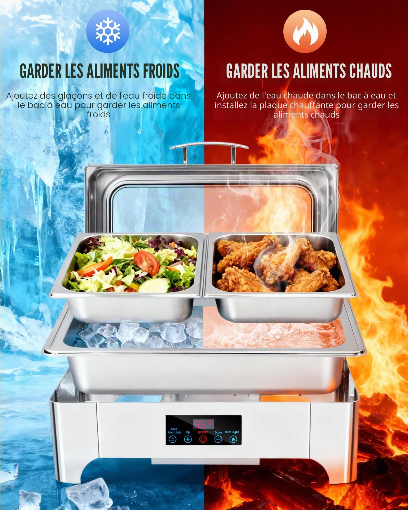 Chafing Dish Buffet Electric, Chauffe Assiette électrique 9L, Chauffage Buffet avec contrôle d'écran Tactile et Couverture de confidentialité en Verre, réchauffeur en Acier Inoxydable
