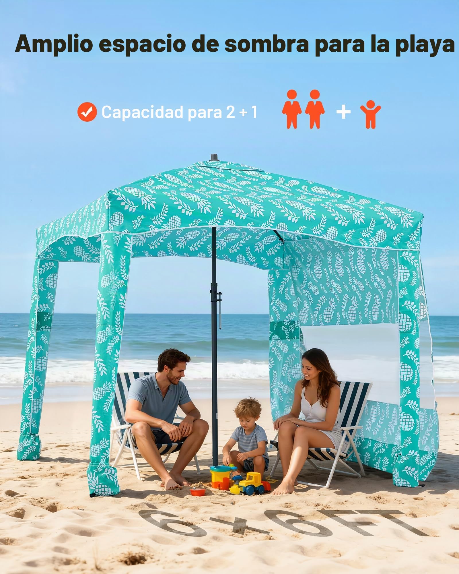 VEVOR Cabaña de Playa con Toldo Lateral, Ligero y Portátil, Protección Solar UPF 50+, Sacos de Arena y Sombrilla Portátil para Toda la Familia y Amigos, Rayas Verde Claro, 1830 x 1830 x 2290 mm