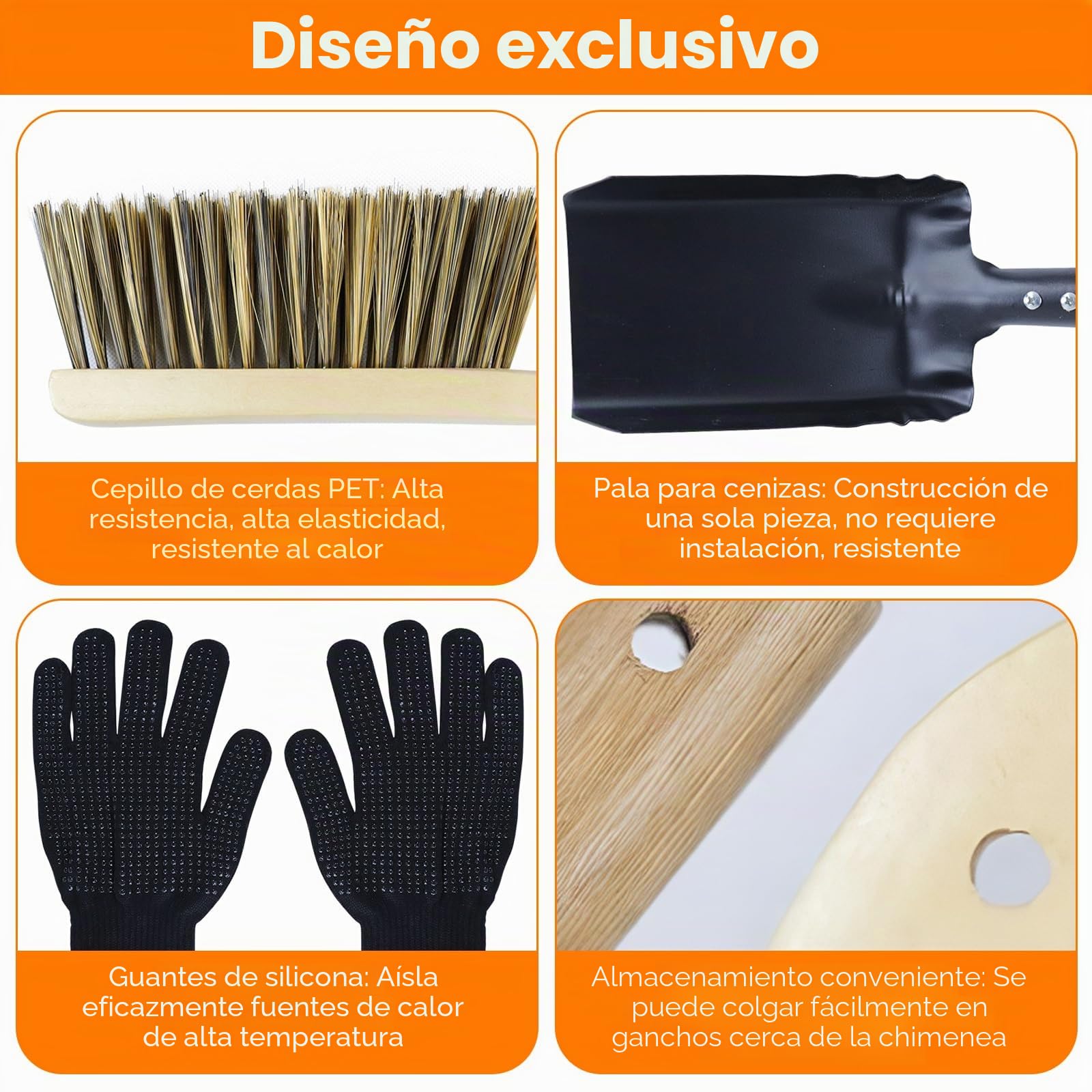 Qivine Pala para Chimenea y Cepillo, Recogedor para Chimenea con Cepillo, Conjunto de Recogedor y Escobilla con Guantes, para Estufas Barbacoas Chimenea
