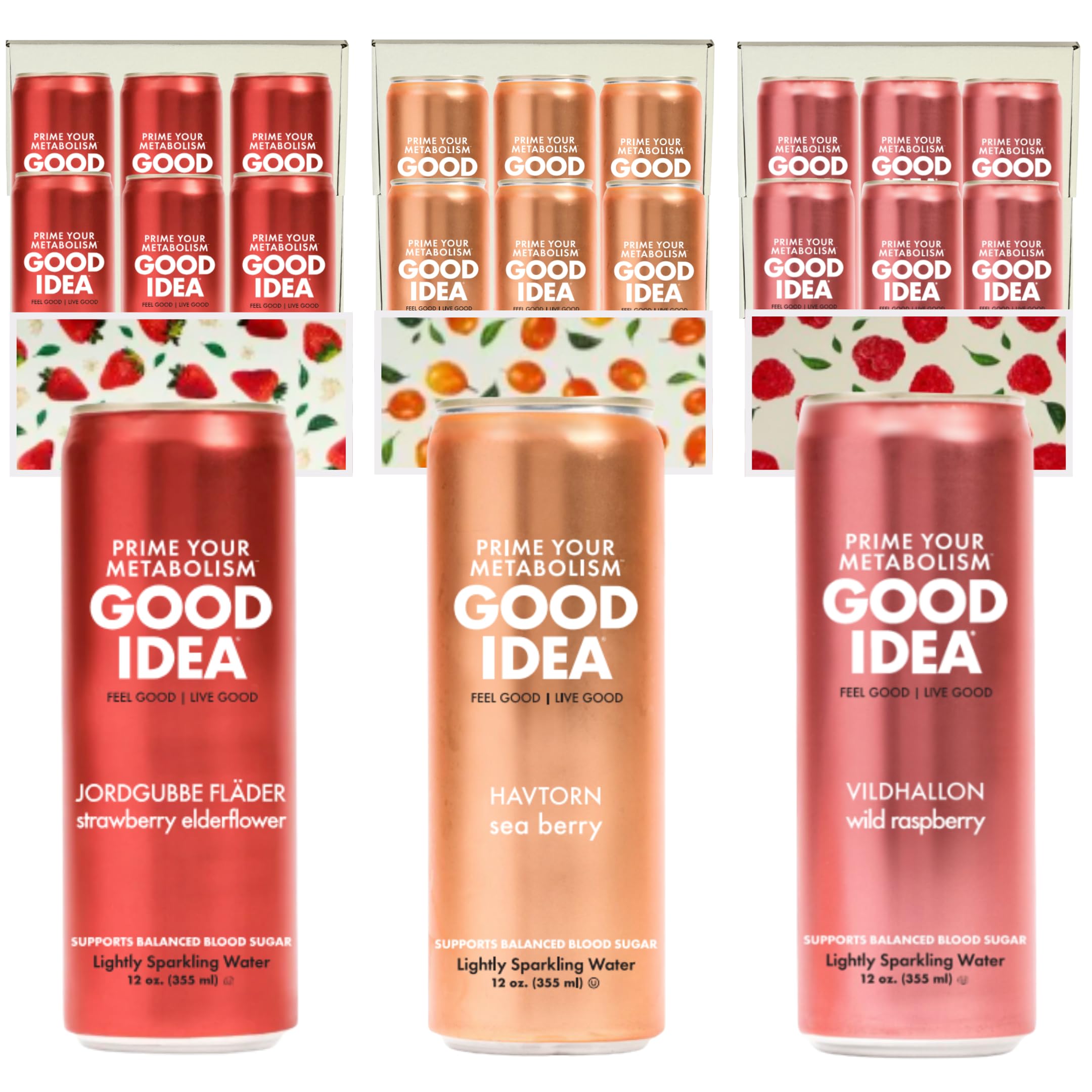 GOOD IDEA Sparkling Water – Supports Metabolism and GLP-1 Production Naturally – Science-Backed Functional Beverage – No Caffeine, No Sugar – Berry Bliss Variety Pack (18 Cans, 3 Flavors, 12 oz)