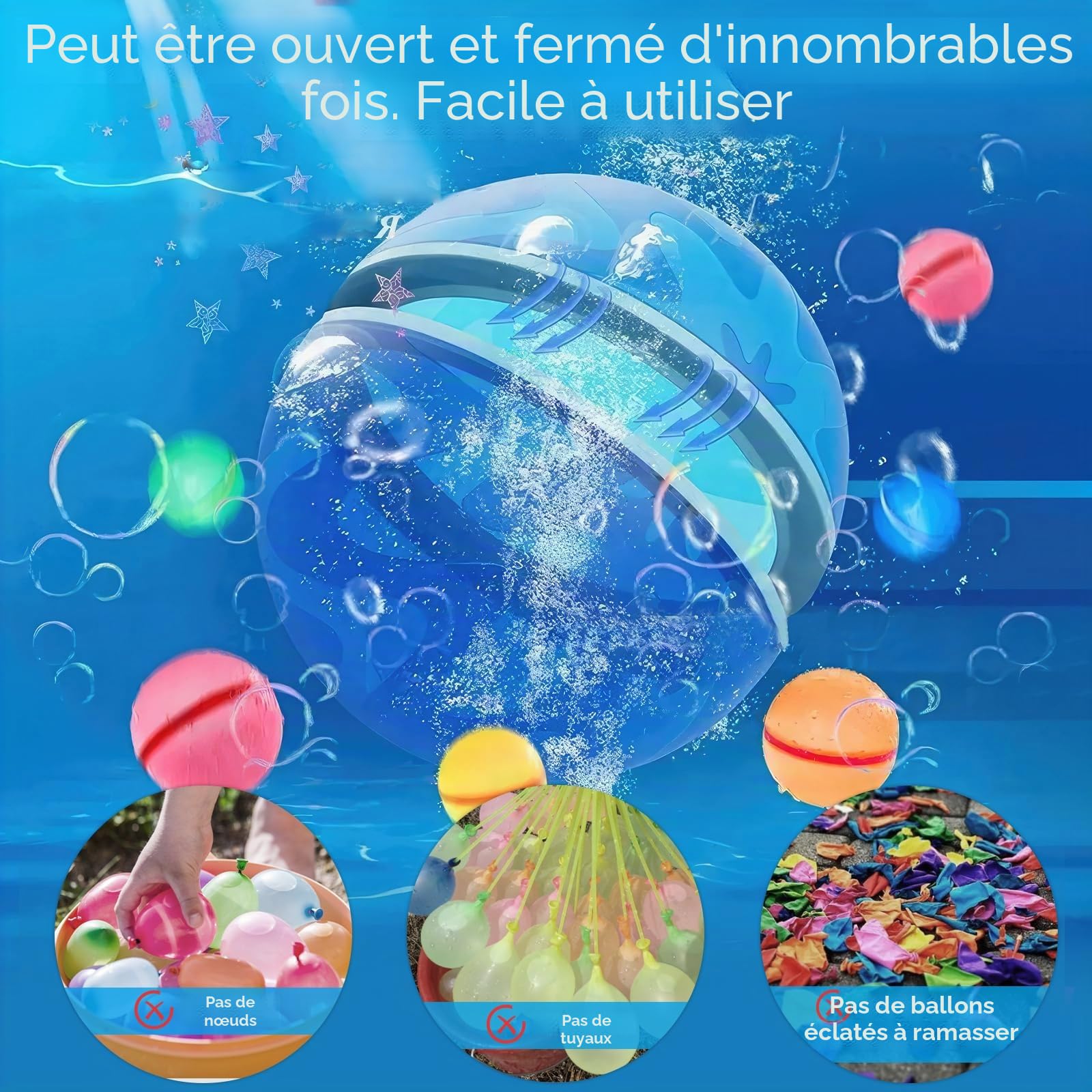 Bombe a eau Réutilisable, 15Pcs Ballons Bombes d'eau à Fermeture Automatique et Remplissage Rapide, Ballon d'eau Reutilisable Jeux d'eau Exterieur pour Enfants Adultes Plage Piscine et Jardin