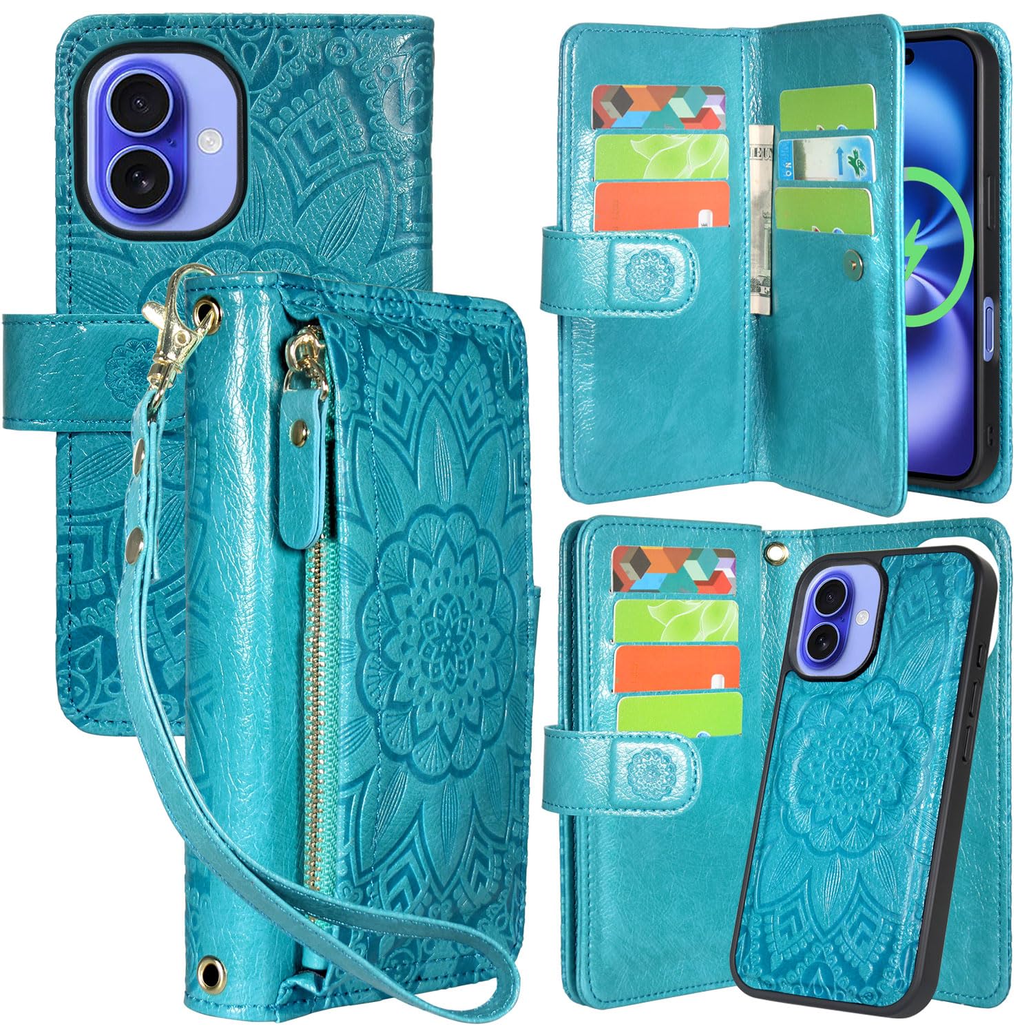 Harryshellfor iPhone 16 6.1" Detachable Magnetic Case Wallet,Compatible with Magsafe Wireless Charging, [ RFID Blocking ] Card Slots, Cash Zipper Pocket Wrist Strap (Floral Blue Green)