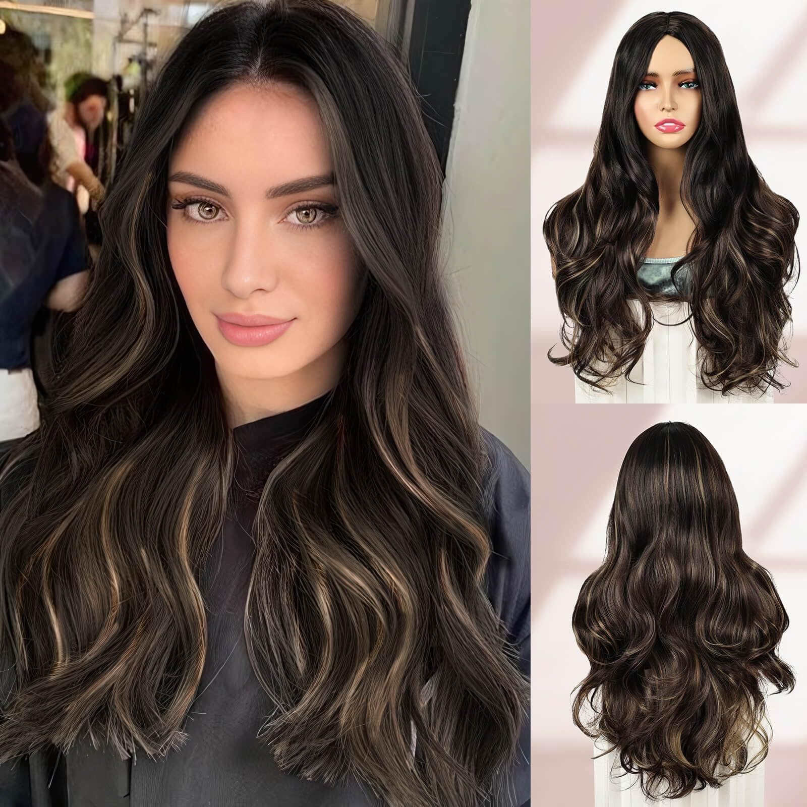 Queentas 24 Inch Long Brown Wavy Curly Wigs for Women Natural Hair Wig with Highlights