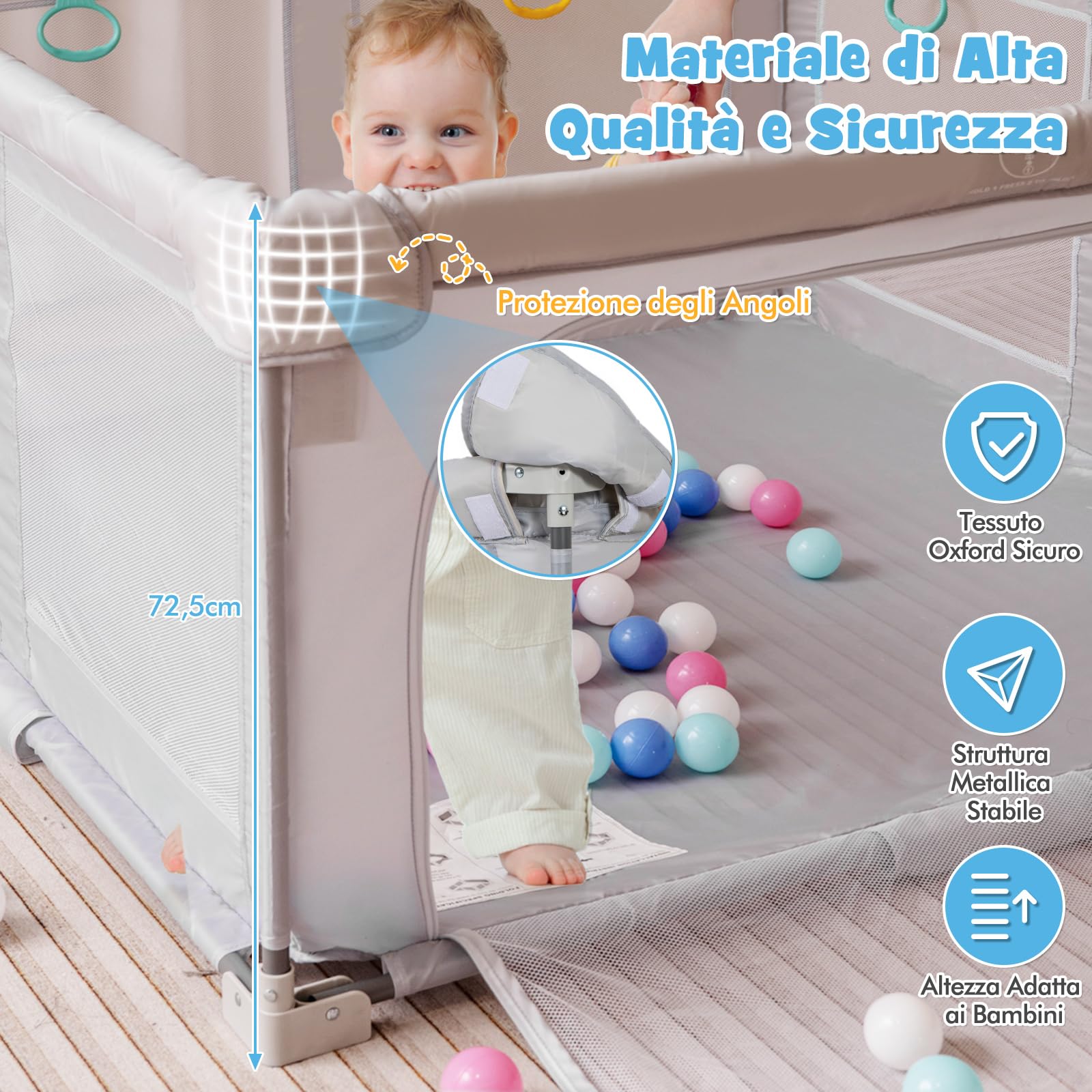 RELAX4LIFE Parque Infantil Bebe 127 x 127 cm con 4 Anillas y 50 Bolas Oceánicas, Corralito Bebe con Bolsa de Trasnporte, Puerta con Cremallera, Parque de Juegos para Niños de 0-3 Años (Gris)