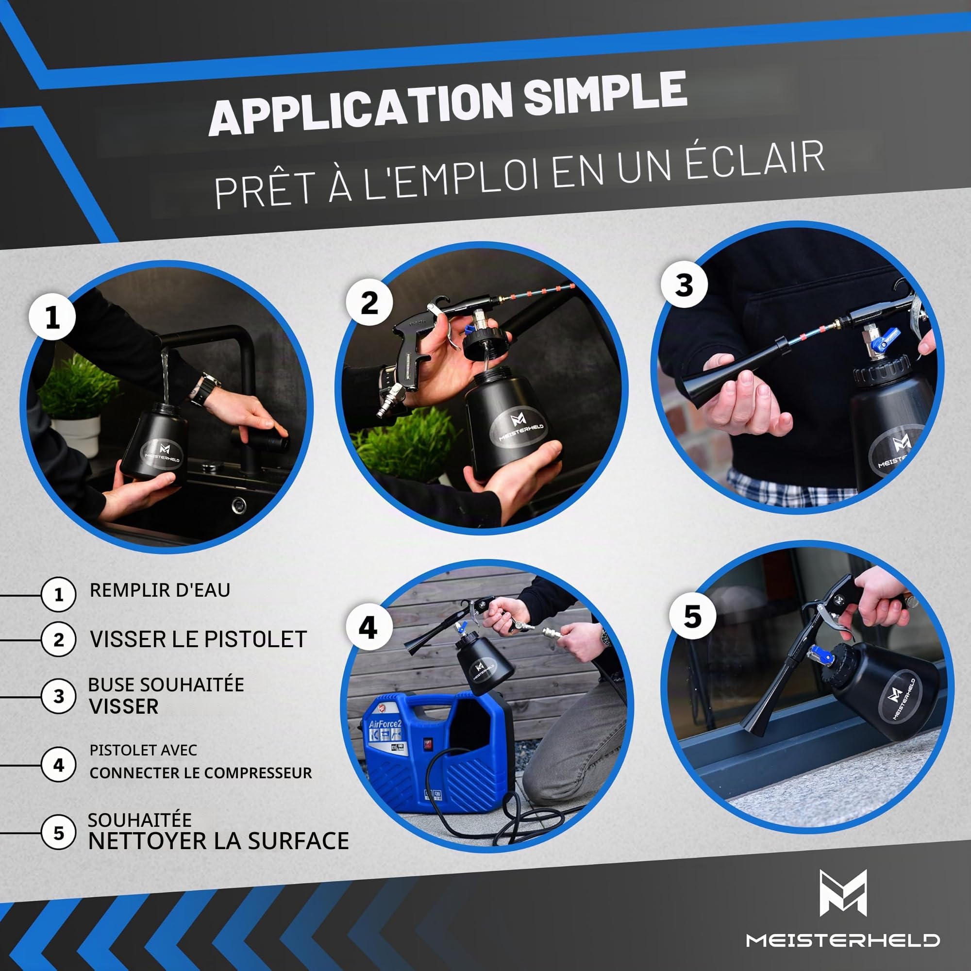 Pistolet de nettoyage à air comprimé - Nettoyeur précis à sec et humide pour voiture, tapis, etc. - Pistolet à air comprimé avec réservoir d'eau, embout brosse et valves de dosage