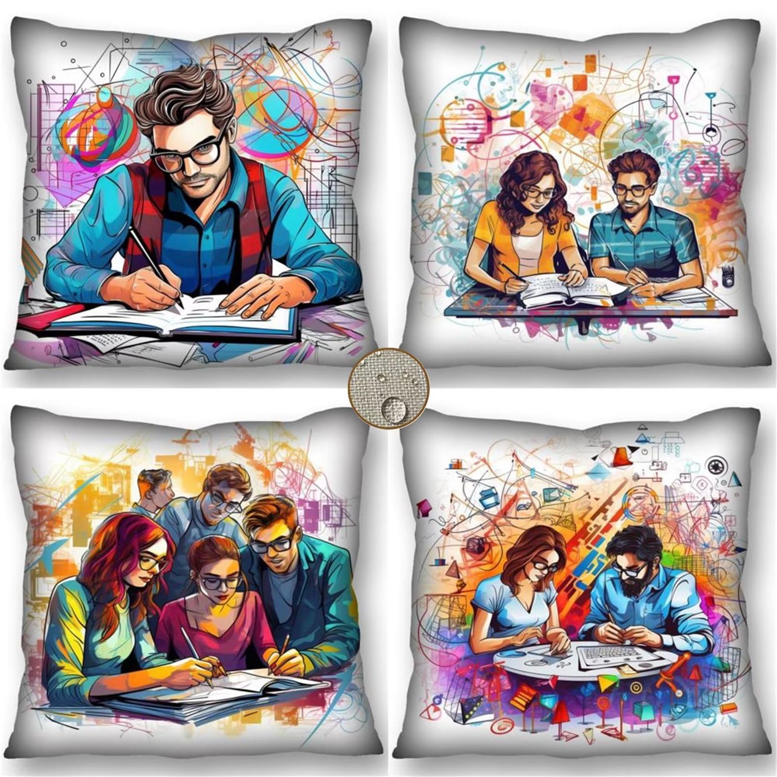 Juego de 4 Funda Cojín 70x70 cm Moderno Estudiando - Gente Cojines Exterior Jardín 45x45 para Sofá, Cojines Impermeables Exterior para Patio al Aire Libre, Decoración de Casa de Campo y Sala de Estar.