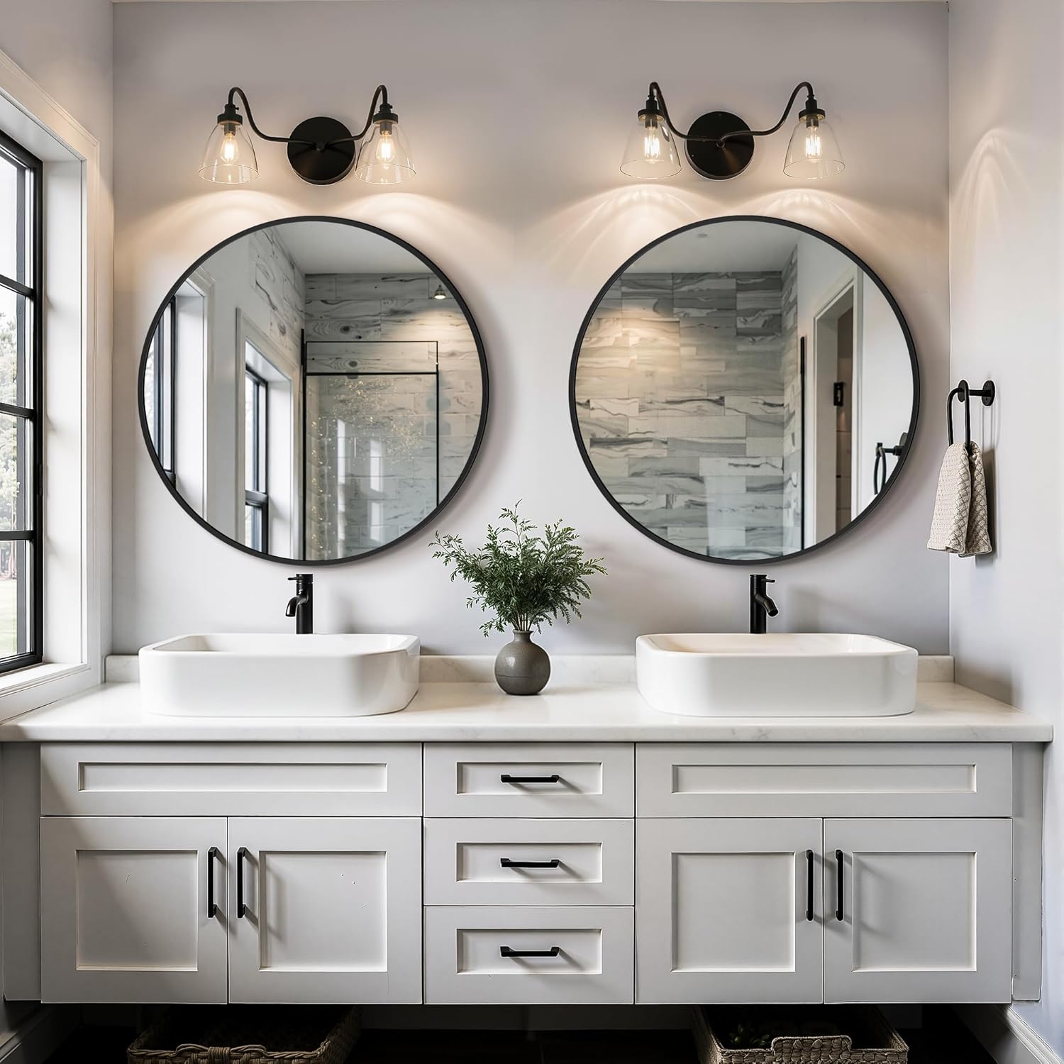 22 Inch Round Bathroom Mirror, 2 Pack Black Metal Framed Circle Wall Mirror for Over Sink, Modern Vanity Mirror for Bathroom with Tempered Glass