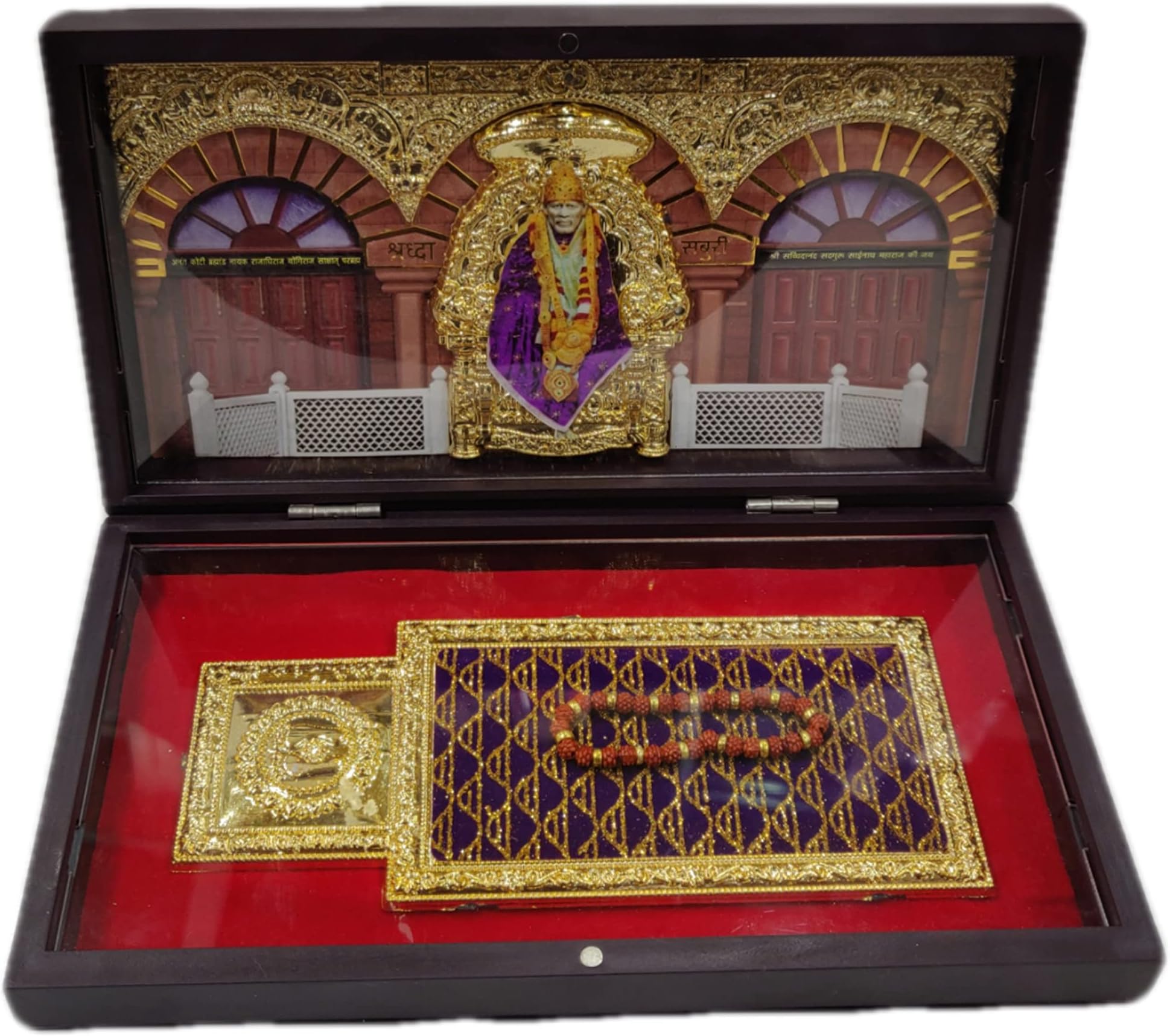 SHRI SAI TRADERS Gold Coated Sai Baba God Idol with Charan Paduka | Devotional Prayer BoxGift Box for Gifting | Pooja Mandir | Home Decor (4.5 inches x 8.5 inches)(Samadhi Mandir, Gold)