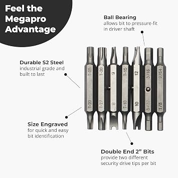 MEGAPRO Tamperproof Bit Pack | Replacement Multi-Bit Refills | 7 Double-ended Bits | Security Industry Bits