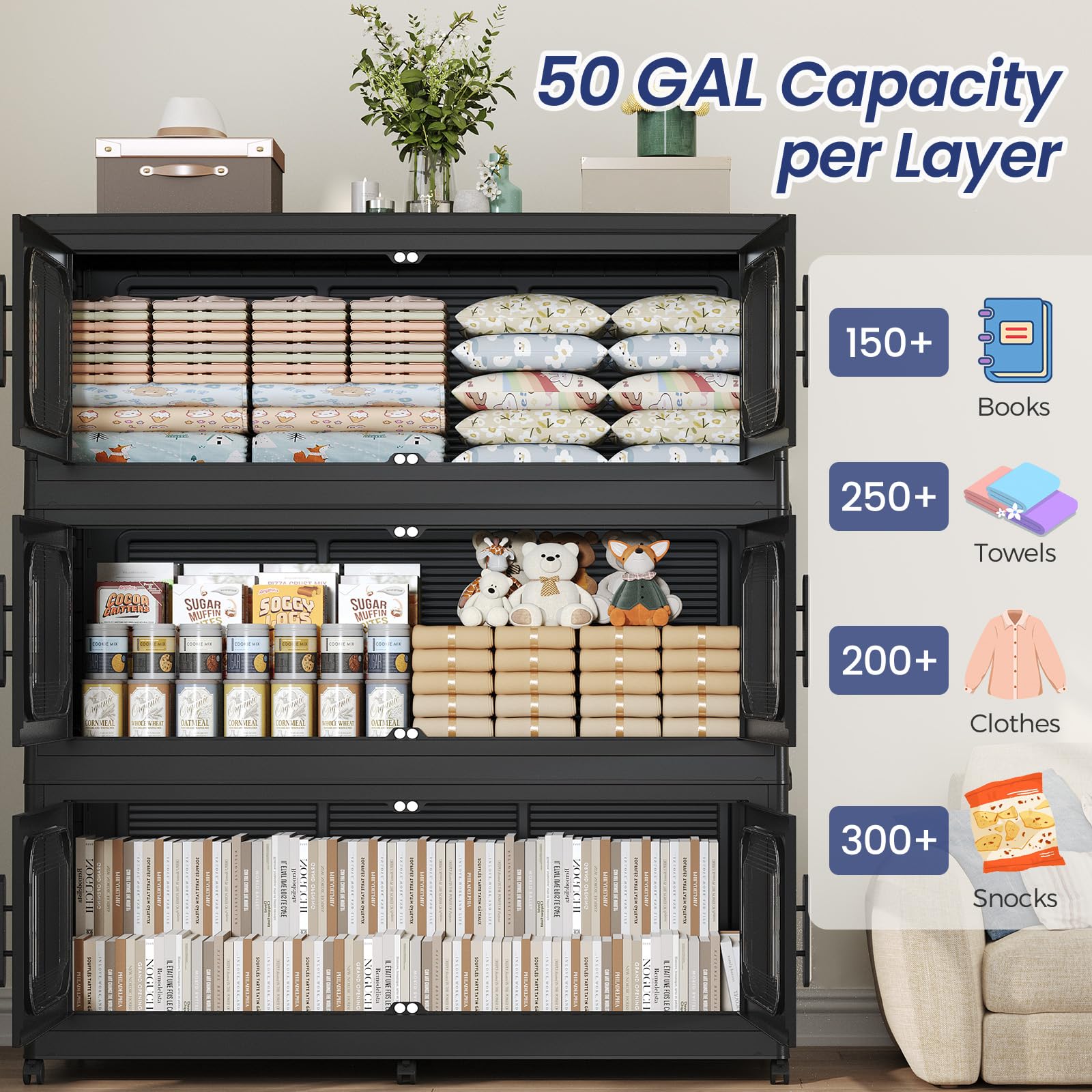 Contenedores de almacenamiento apilables grandes de 800 cuartos con tapa, organizadores de armario plegables de plástico de 200 galones con ruedas, contenedores plegables con puertas para el