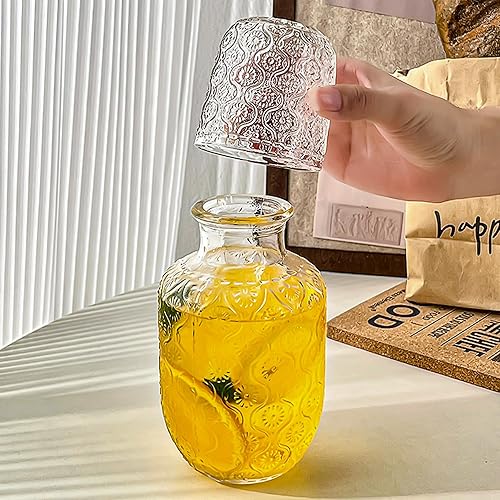 Miniatura 6 de Juego de jarra de agua vintage para mesilla de noche de dormitorio, jarra de agua para mesita de noche, jarra de enjuague bucal de vidrio rayado