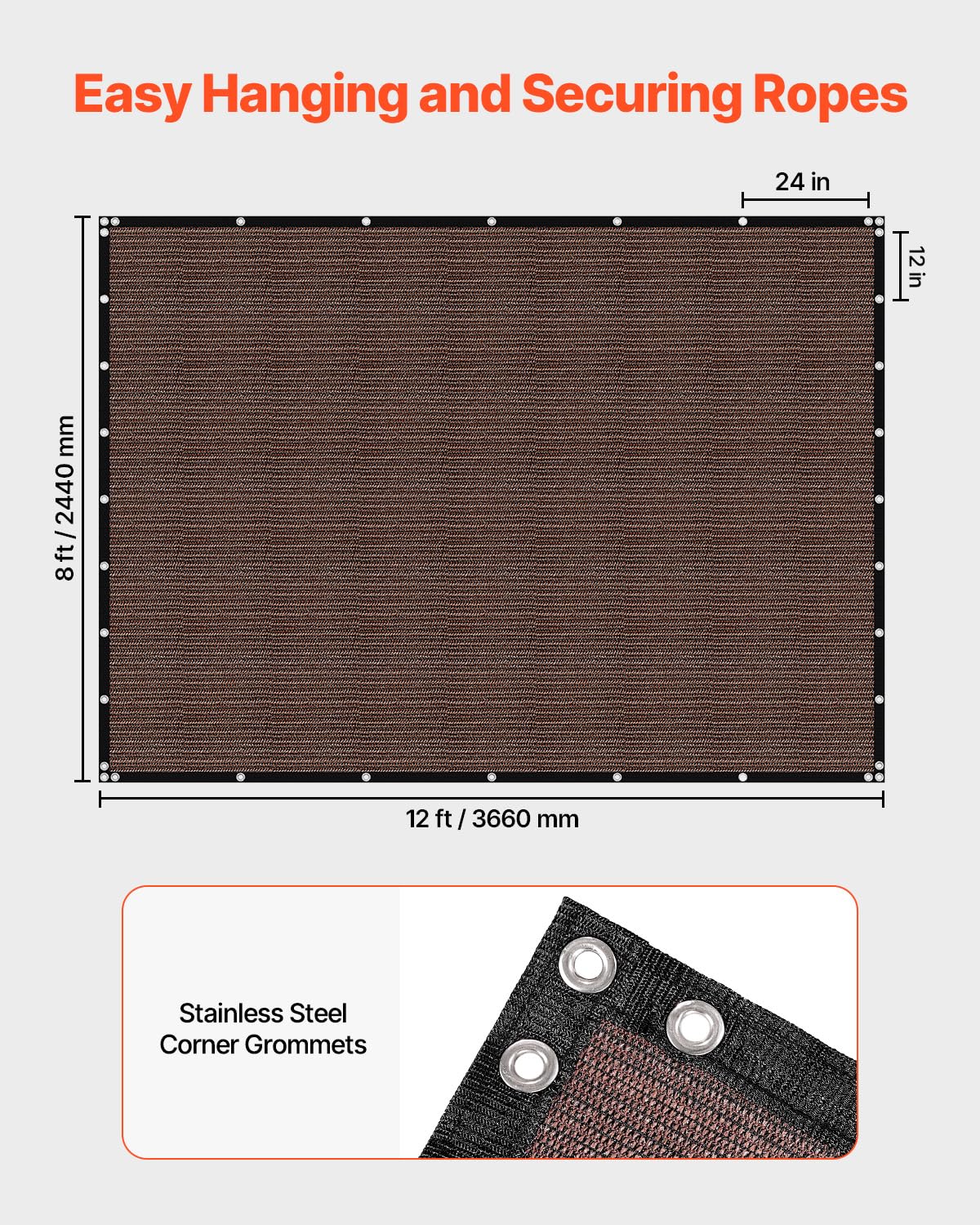 VEVOR Voile d'ombrage 90%, 2440 x 3660 mm, Filet d'ombrage avec œillets en Acier INOX, Toile de Protection en PEHD Haute densité 140 g/m², pour extérieur, terrasse, Jardin et arrière-Cour, Marron