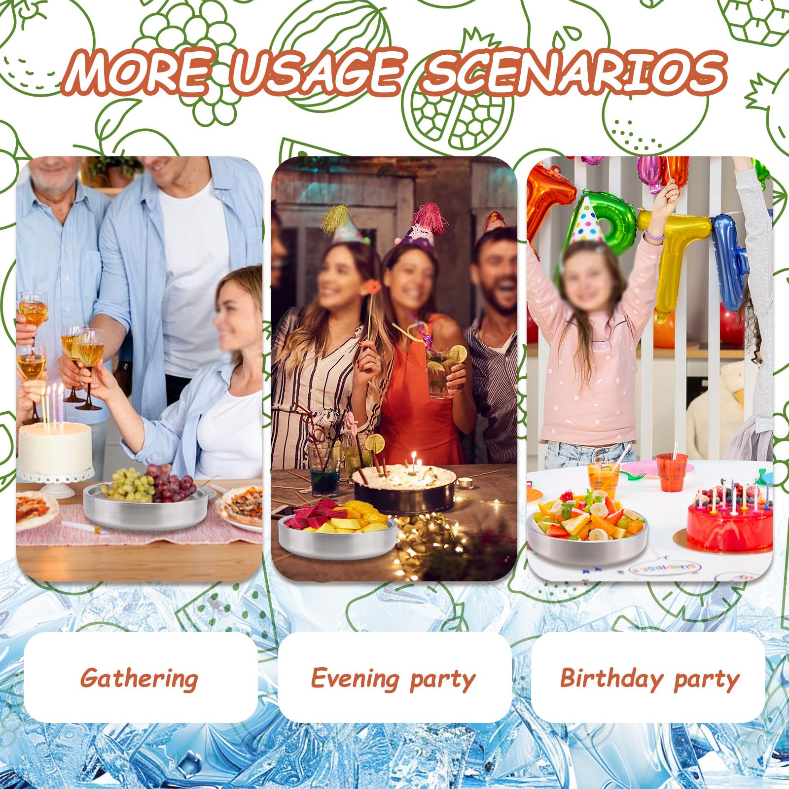 Plateau de service réfrigéré en acier inoxydable 304 de 23,6 cm, pour apéritif et crevettes avec glace en dessous, plateau de fête glacé pour buffet alimentaire (argenté)