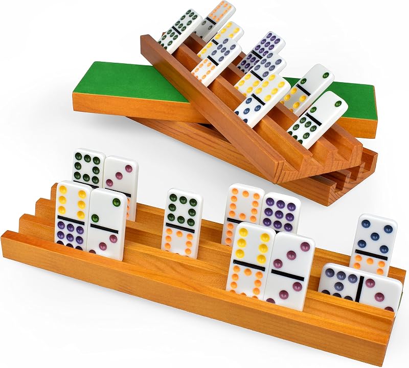 Queensell Soportes para dominó para juegos de mesa clásicos - Juego de 4 bastidores de dominó de madera - Accesorios para dominó de tren mexicano - Bandejas de dominó para juegos familiares de azulejos (grande)