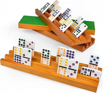 Queensell Domino Holders for Classic Board Games - Wooden Domino Racks Set of 4 - Mexican Train Dominoes Accessories - Domino Trays for Tiles Family Games Large