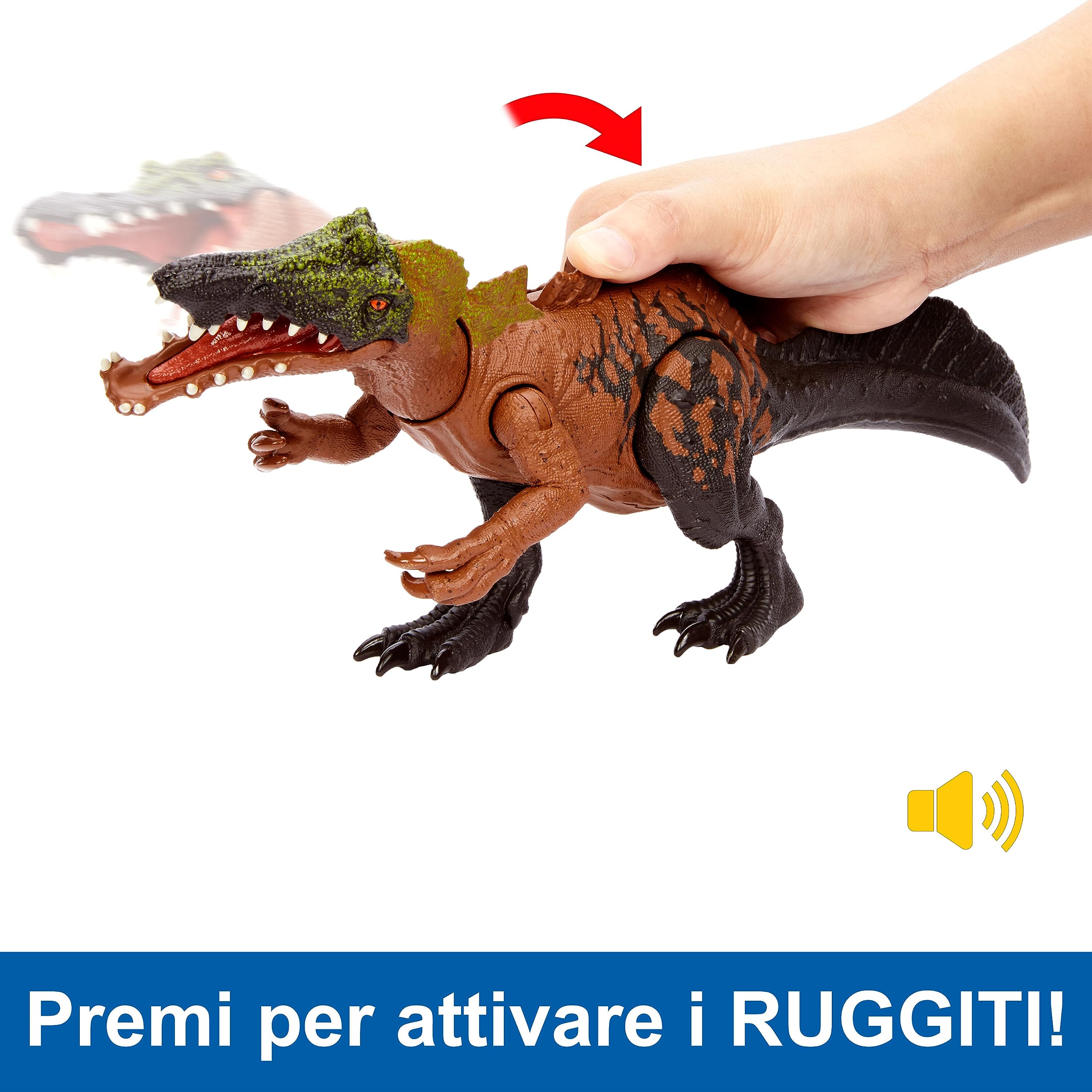 Mattel Jurassic World - Dinosauro Irritator Ruggito Selvaggio, action figure snodata con azione di attacco e ruggito roboante, giocattolo per bambini, 4+ anni, HLP22