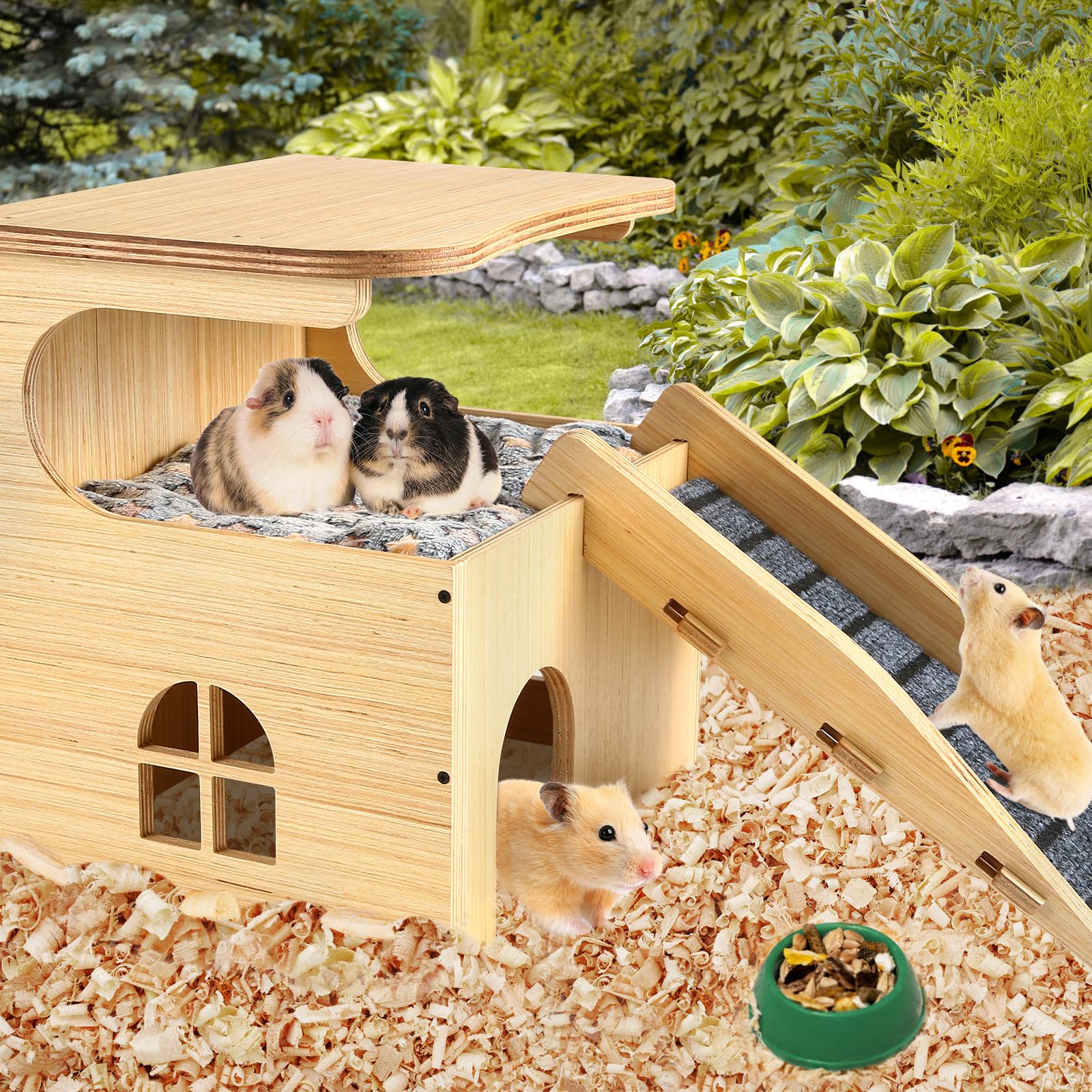 Verbessertes verdicktes Brett aus Holz für Meerschweinchen, Schloss – geräumiges und langlebiges kleines Haustierhaus mit Treppe und Matte für Meerschweinchen, Chinchillas, Ratten, Hamster