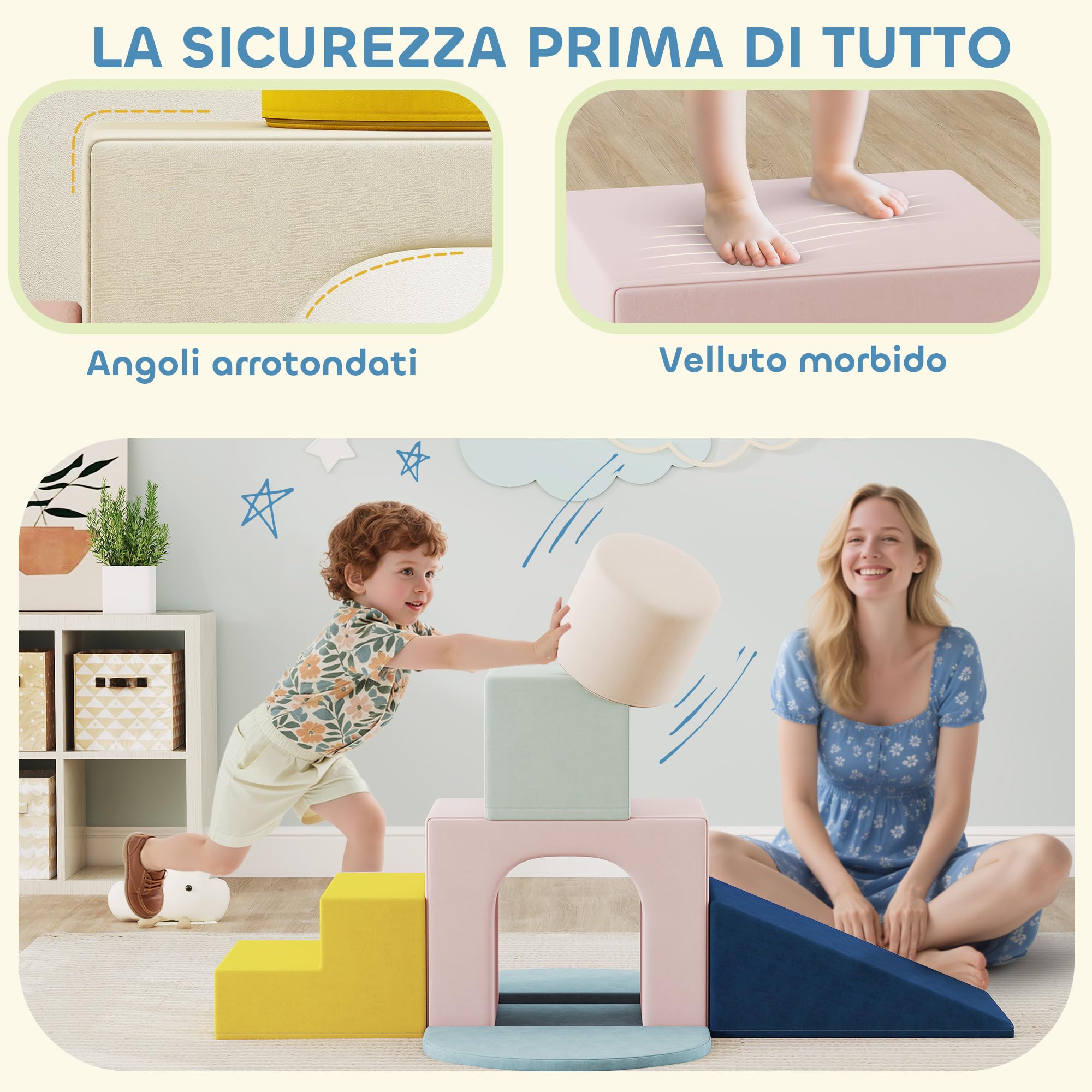 AIYAPLAY Set 8 Costruzioni Morbide per Bambini 0-3 Anni in Velluto e Schiuma PU Arancione
