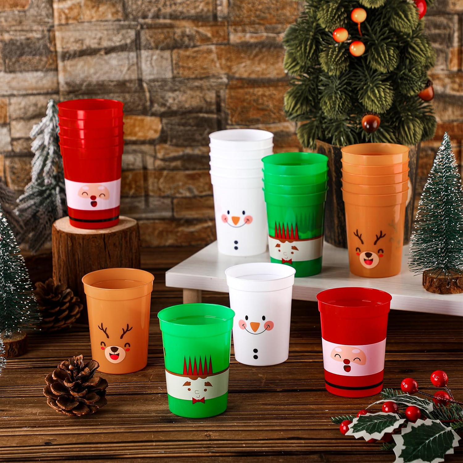 Sliner 24 Pcs Christmas Party Plastic Cups 8 oz Christmas Reusable Stadium Cups Holiday Elf Plastic Tumblers Santa Snowman Elk Face Design for Xmas Holiday Party Supplies - Image 4