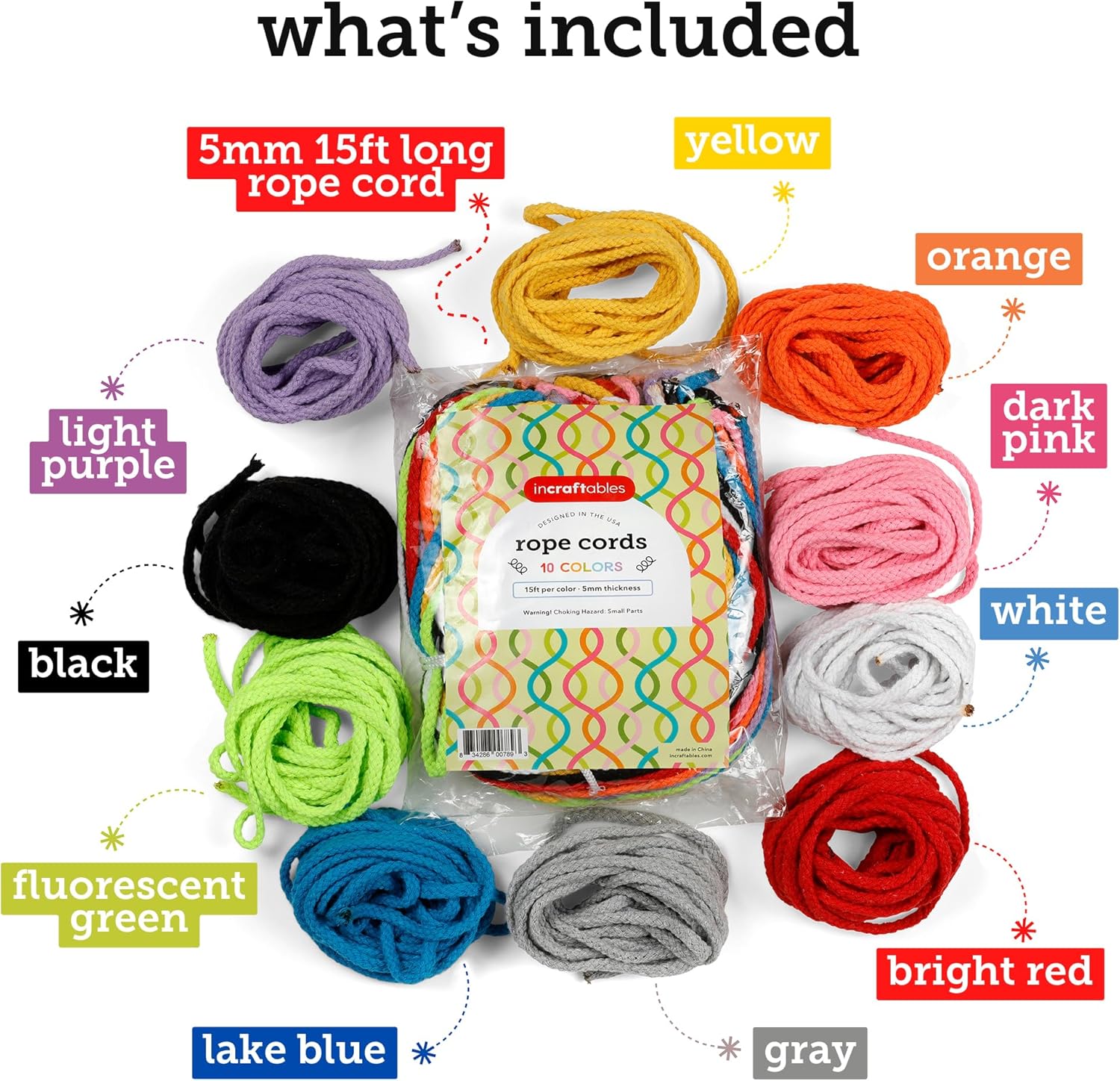 Incraftables 5mm Cotton Macrame Cord 10 Assorted Colors 150ft Total - 3-Strand Twisted Rope for Crafts, Plant Hangers, Wall Hangings