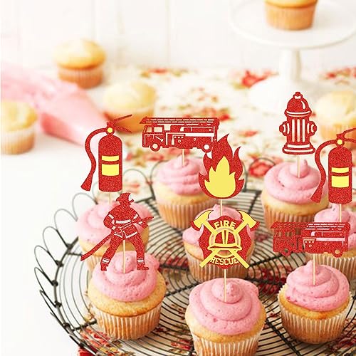 Miniatura 3 de Ercadio Paquete de 24 adornos para magdalenas de bomberos con purpurina roja para decoración de pasteles de bomberos para temática de fuego, baby