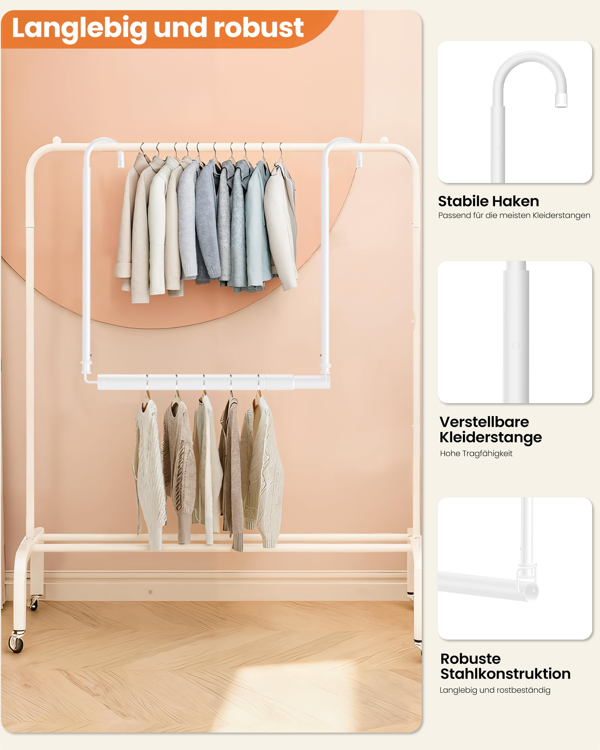 Tiemlet - Asta appendiabiti allungabile e regolabile in altezza, altezza 46,5 – 78 cm, larghezza 40 – 72 cm, spazio per armadio (bianco)