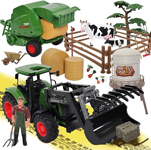 Miniatura 7 de Juguetes de Granja Tractor con Remolque - Juego de Tractor de 41.9 cm a Escala 1/24 Cargador Frontal con Espaciador para Niños Pequeños de 3 a 7 Años