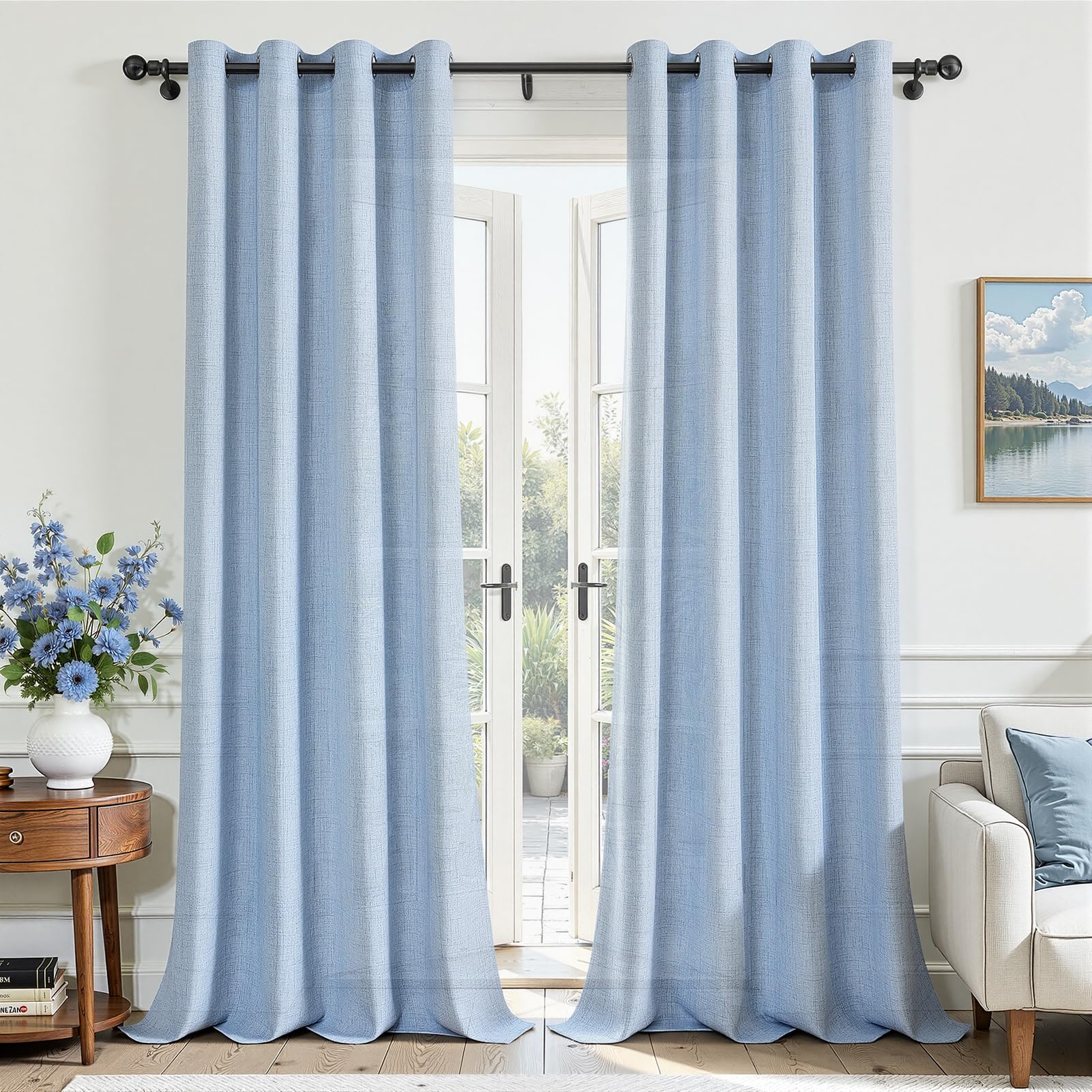 MRTREES Linen Curtains with Eyelets Country House Style for Living Room Modern Children's Room Bedroom Curtain Linen Look Blue Semi-Transparent Eyelet Curtain Set of 2 H 260 x W 140 cm