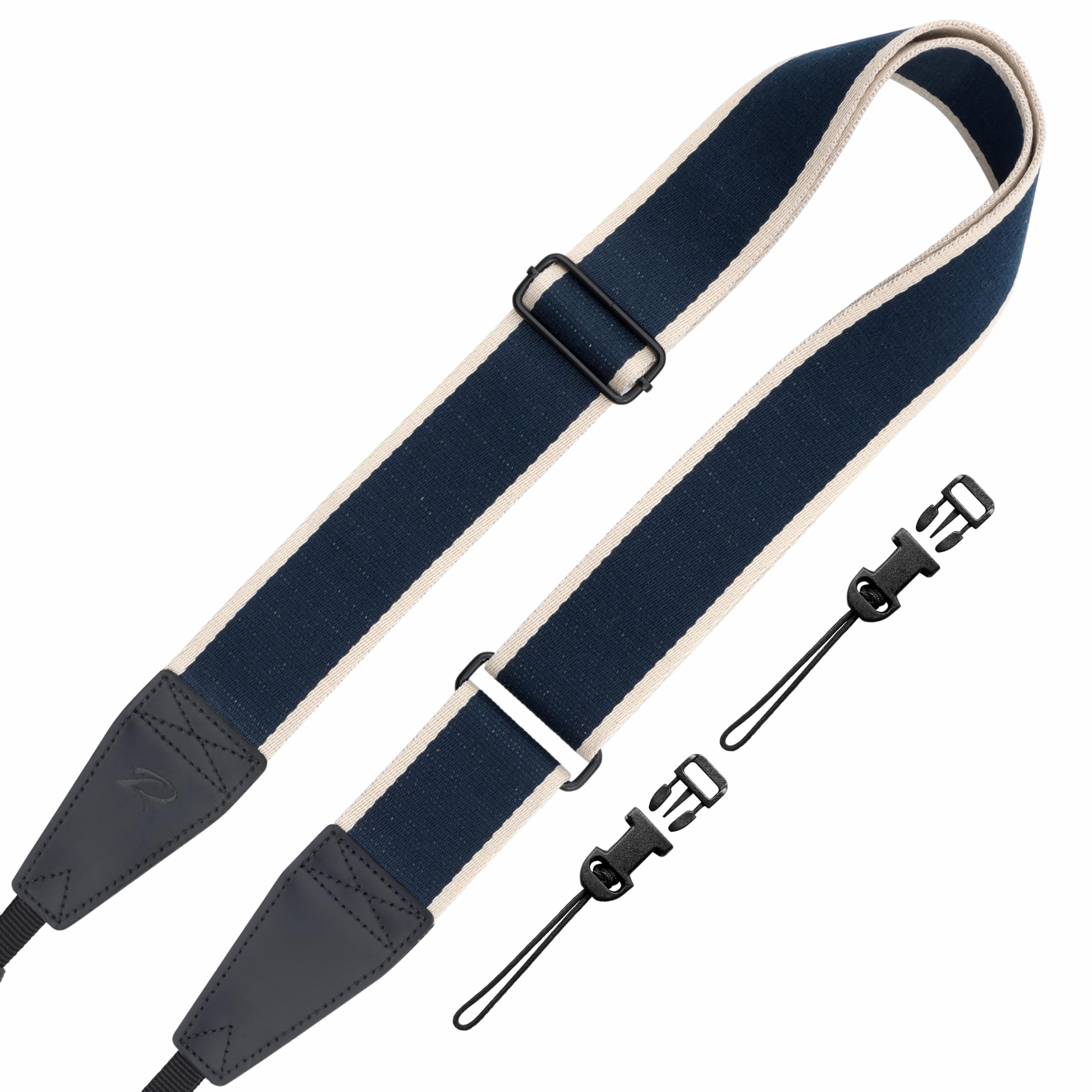 Padwa Lifestyle Extra Long Adjustable Camera Strap for Photographers - 2" Wide Full Grain Cowhide Leather Ends Camera Straps with Quick Release for All Cameras,Binoculars(Stripe Blue White)