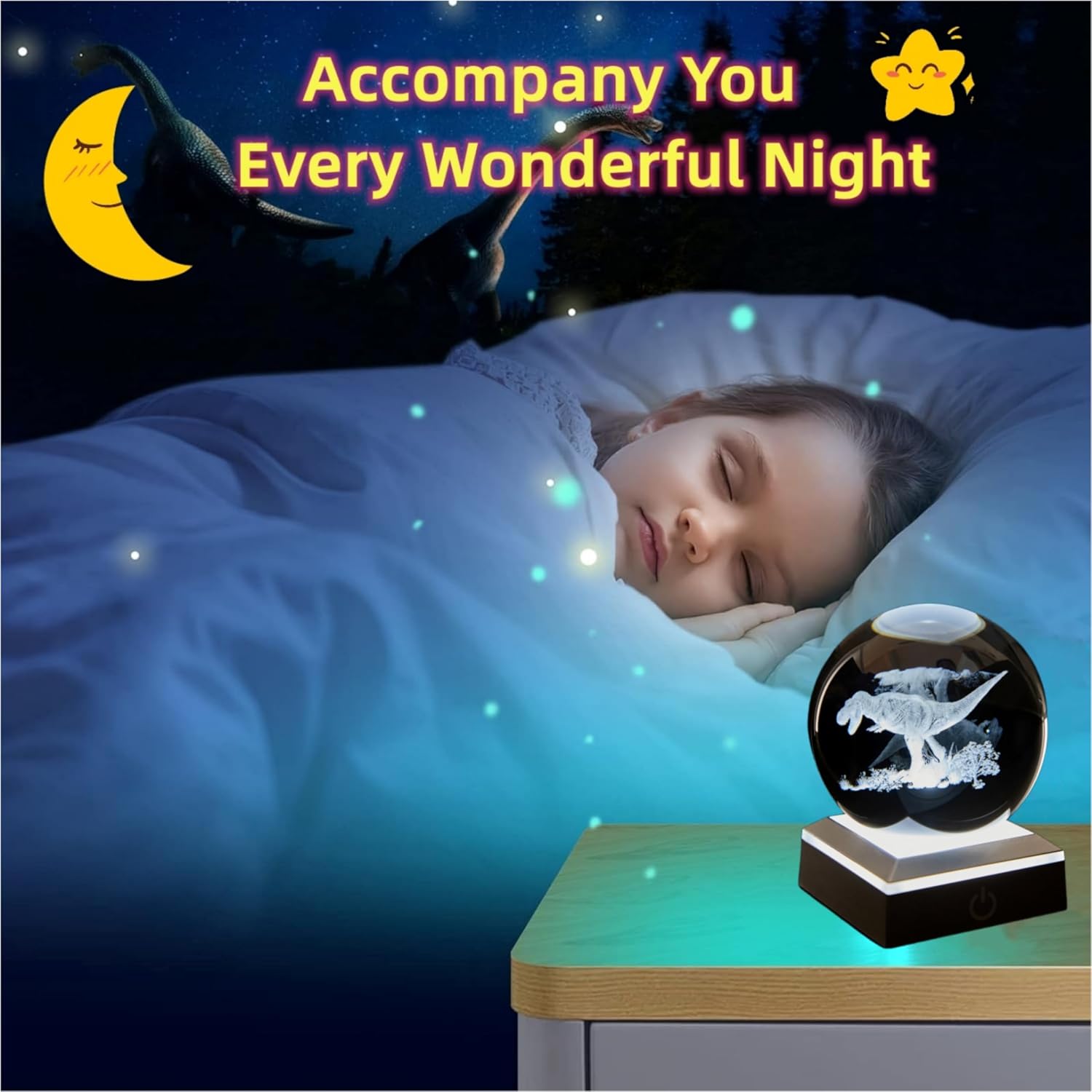 Dinosaur Crystal Ball Lamp, 3.15 inch 3D Dinosaur Crystal Ball Night Light with LED Colorful Lighting Touch Base image 3