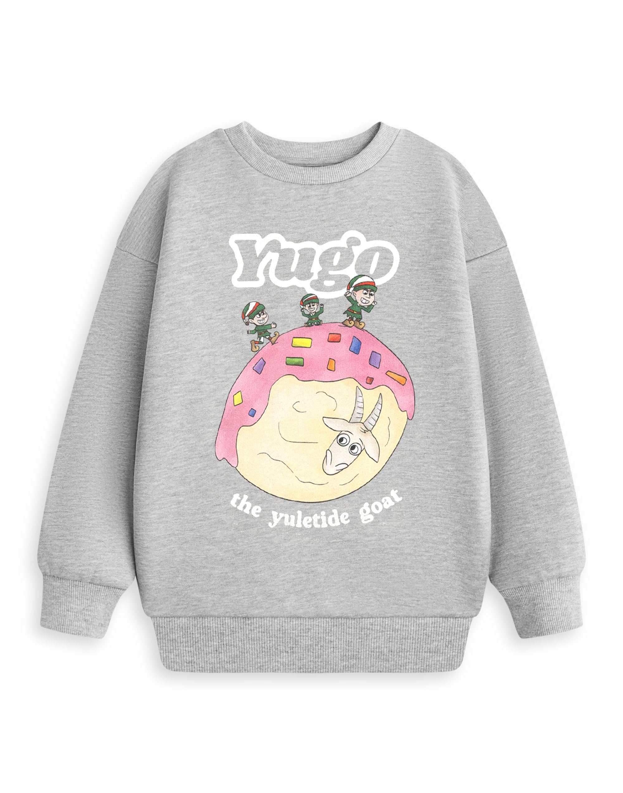 Show Me The Merch Unisex Kids Grey Marl Yugo The Yuletide Goat Grey Sweatshirt | Long Sleeve Crew Neck Holiday Top | Festive Wear For Christmas | Winter Jumper 7-8 Years