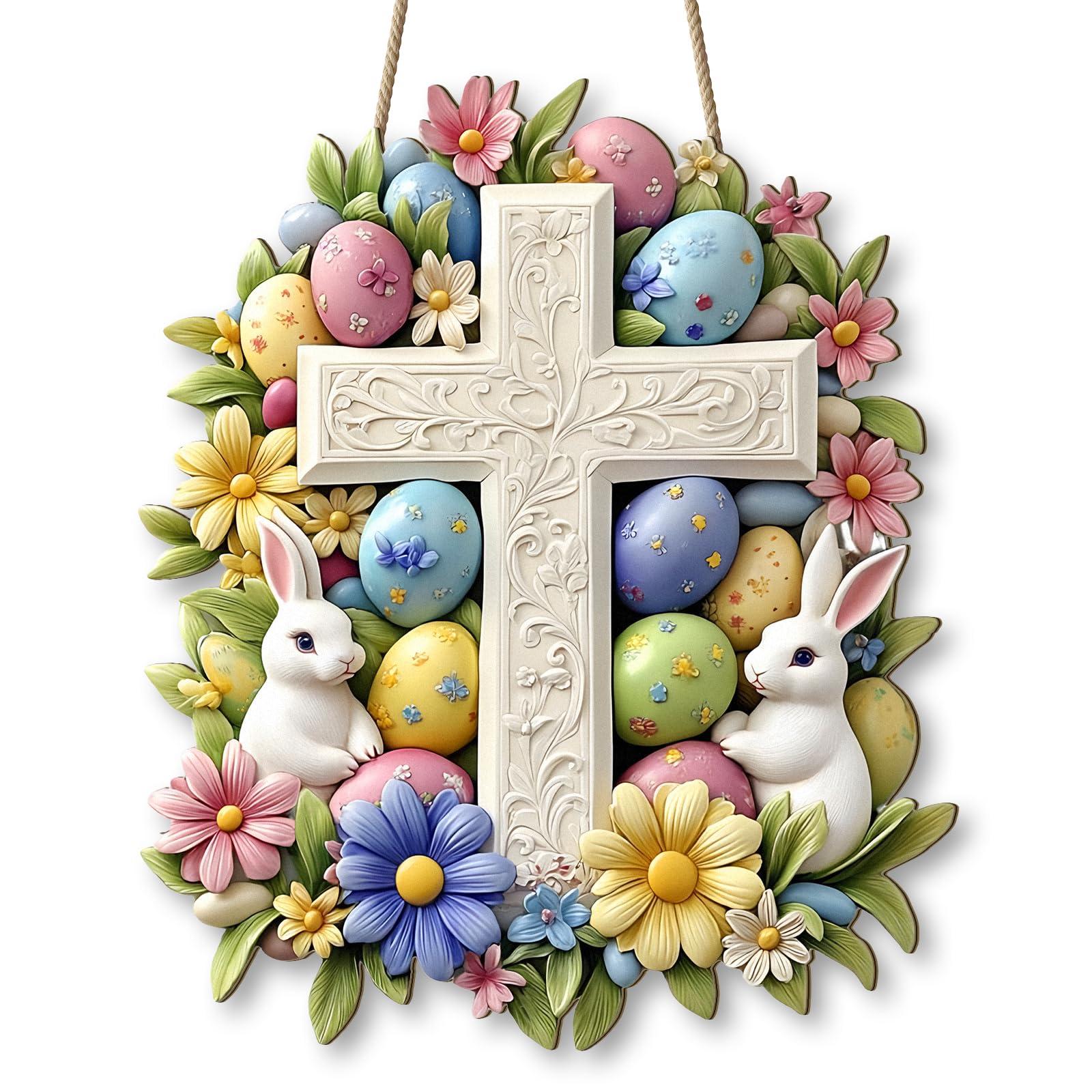 Foutrey Easter Lightweight Wooden Wall Decoration Hanging Rabbit Easter Egg Lily Flower Nail Free Installation Festive Decoration Wall Hanging Door Welcome Plaque (1, Cross)