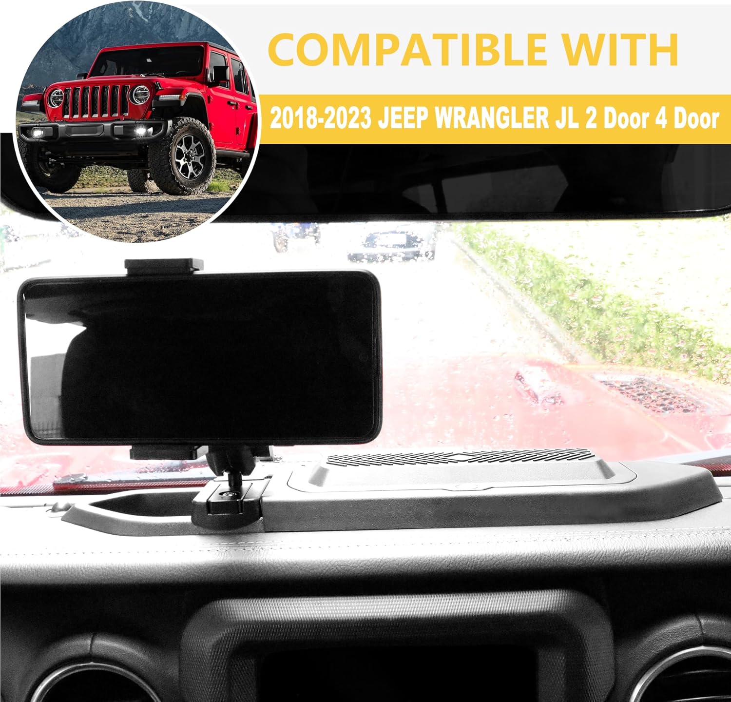 JL Phone Mount Storage Box with Cover, Dash Cell Phone Mount Dashboard Phone Holder with Tray for 2018-2023 Jeep Wrangler JL 2020-2024 Jeep Gladiator JT Accessories, 1 Pack, Black