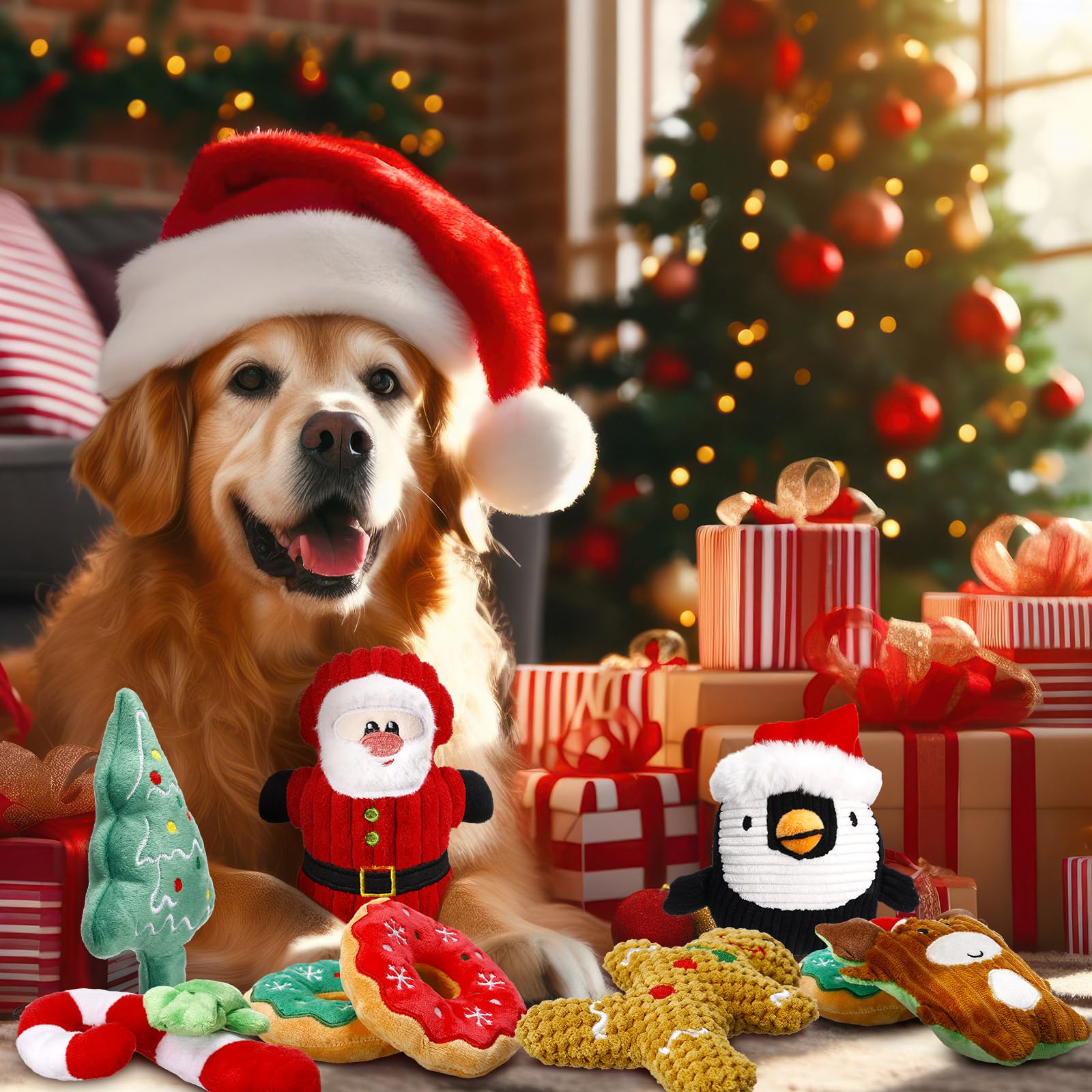 Lot de 8 jouets de Noël pour chien - Jouets couineurs interactifs en peluche avec couineur pour chiens de petite, moyenne et grande taille - Nettoyage des dents