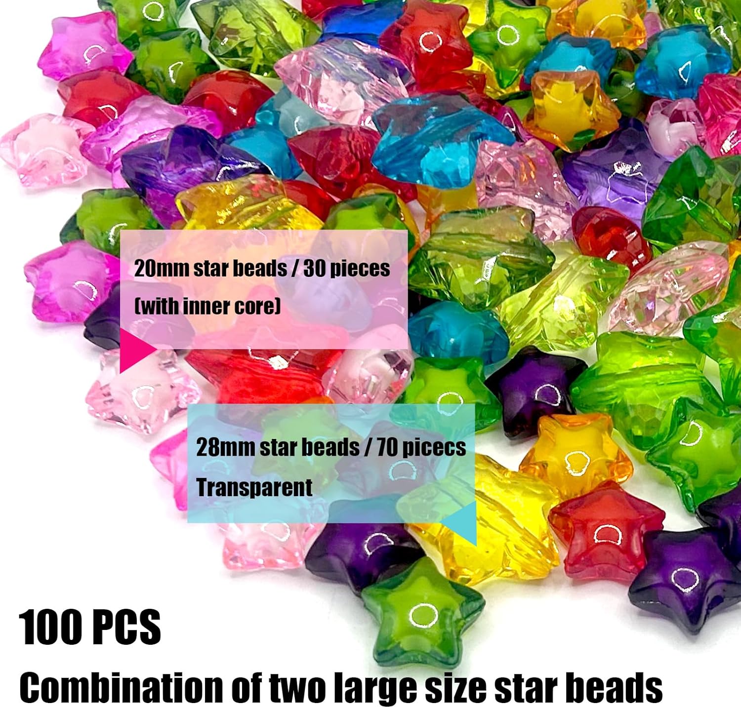 100 Pieces Acrylic Star Beads, 20mm/28mm Cute Pony Bead, Transparent Plastic Loose Spacer Beads for Phone Charms, Keychain, Jewelry Making, DIY Crafts Supplies - Image 2