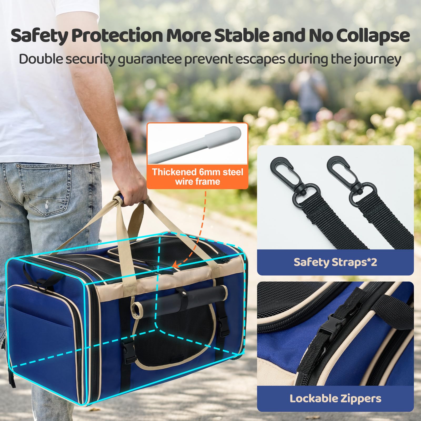 Odoland Boîte de transport pour 2 chats - Pliable et extensible - Sac de transport respirant avec bandoulière et bac à litière - Idéal pour les voyages, la voiture - Bleu