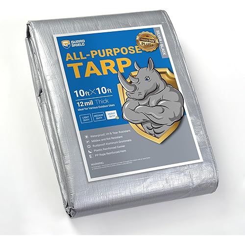 GUARD SHIELD Tarps Heavy Duty Plus+ Waterproof 10x10 Feet Silver/Black Multi-Purpose Thick Poly Tarp Cover 12mil
