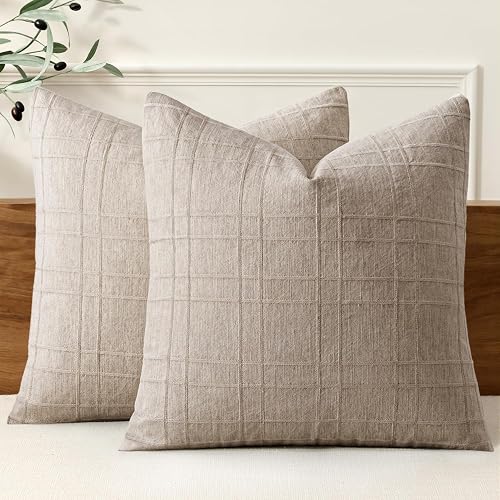 MIULEE Linen Plaid Pillow Covers Decorative 20x20 Natural Linen |