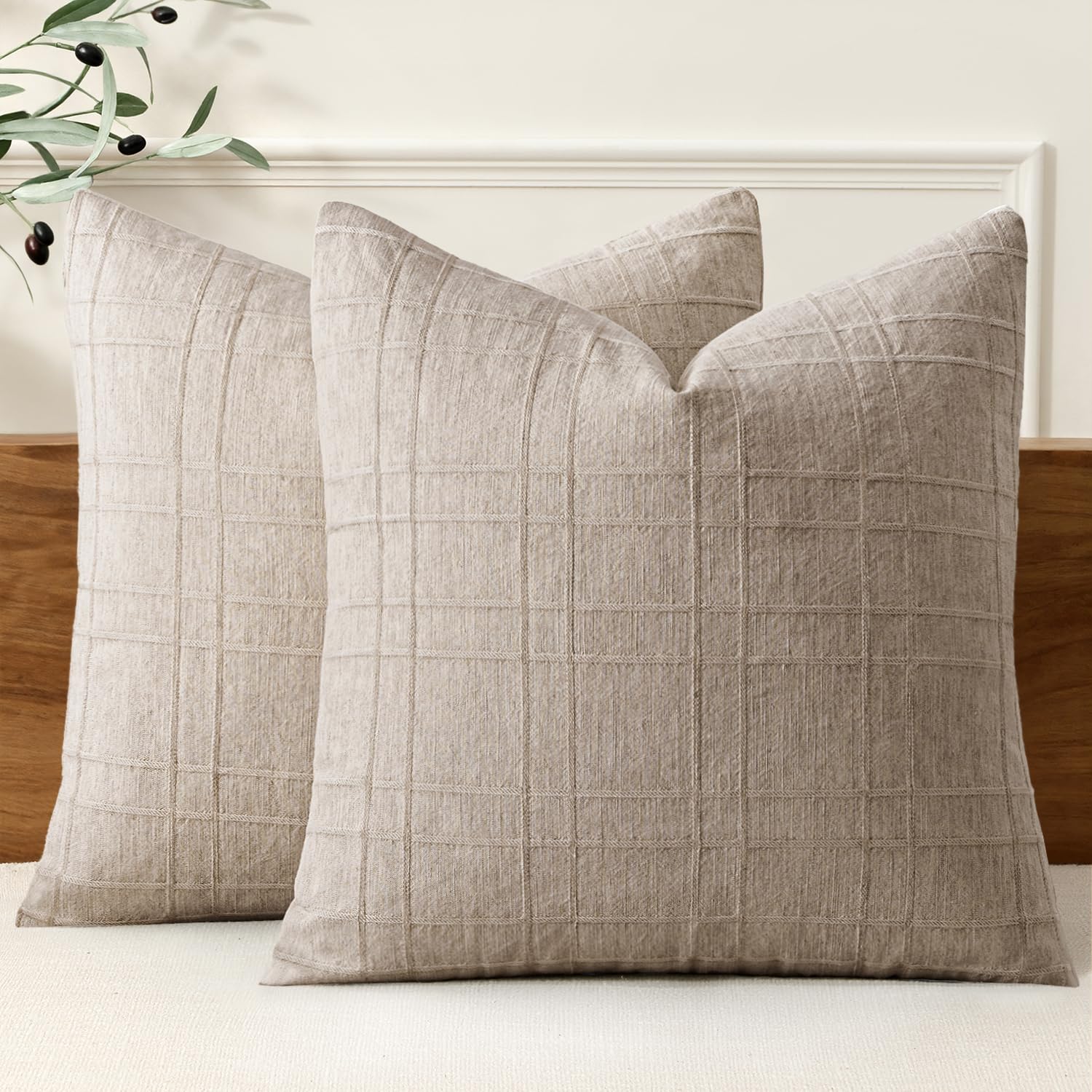MIULEE Linen Plaid Pillow Covers Decorative 18x18 Natural Linen