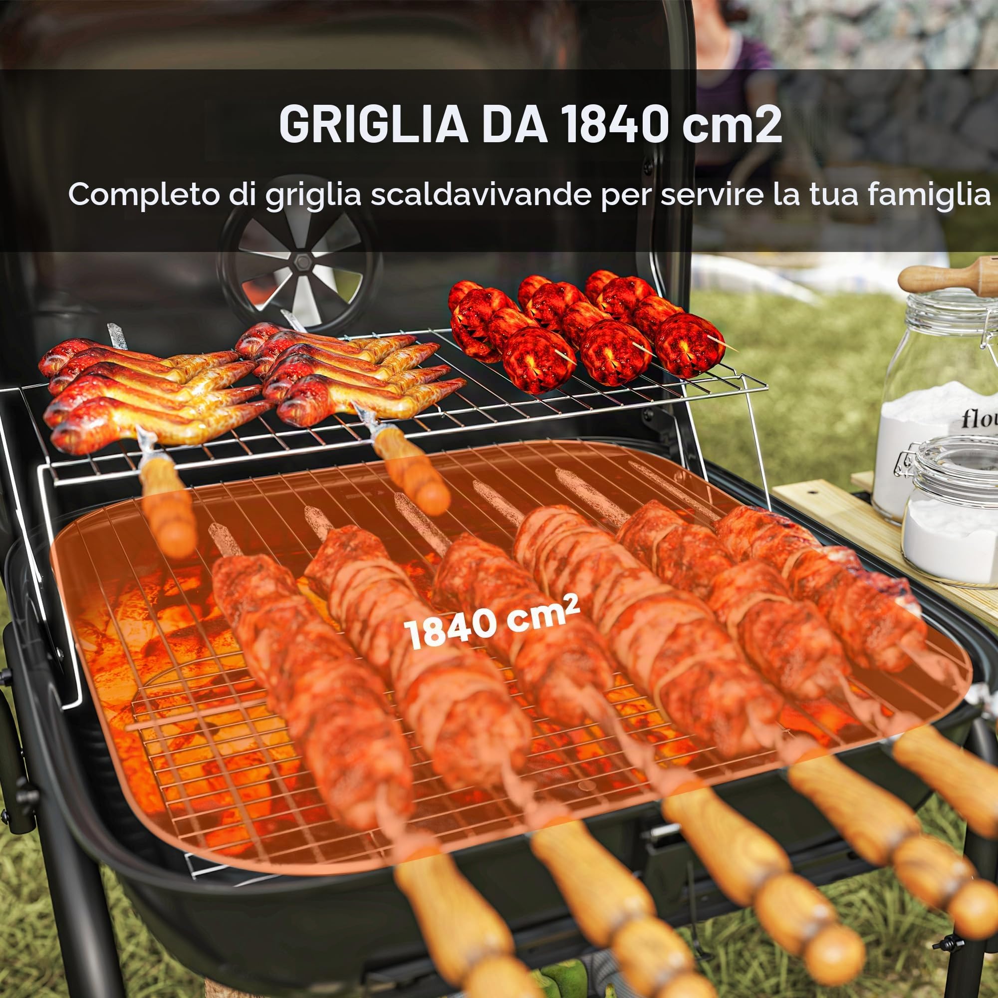 Outsunny Carrello di cottura per barbecue a carbonella con superficie di cottura di 1840 cm², affumicatore portatile per barbecue con griglia, coperchio, ripiani e ruote, per picnic in campeggio, nero