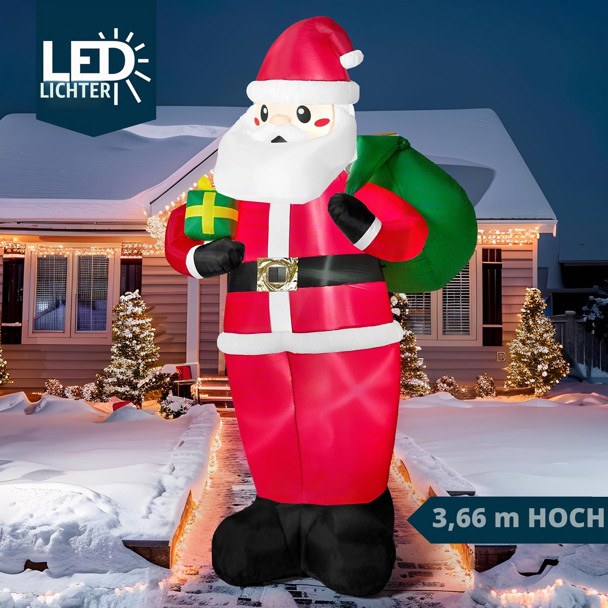 JOIEDOMI 3.65M/12FT hoher riesiger aufblasbarer Weihnachtsweihnachtsmann mit Geschenken, Weihnachtsdekoration mit eingebauten LEDs für Weihnachtsdekorationen im Freien, Hof, Innen- und Außenbereich