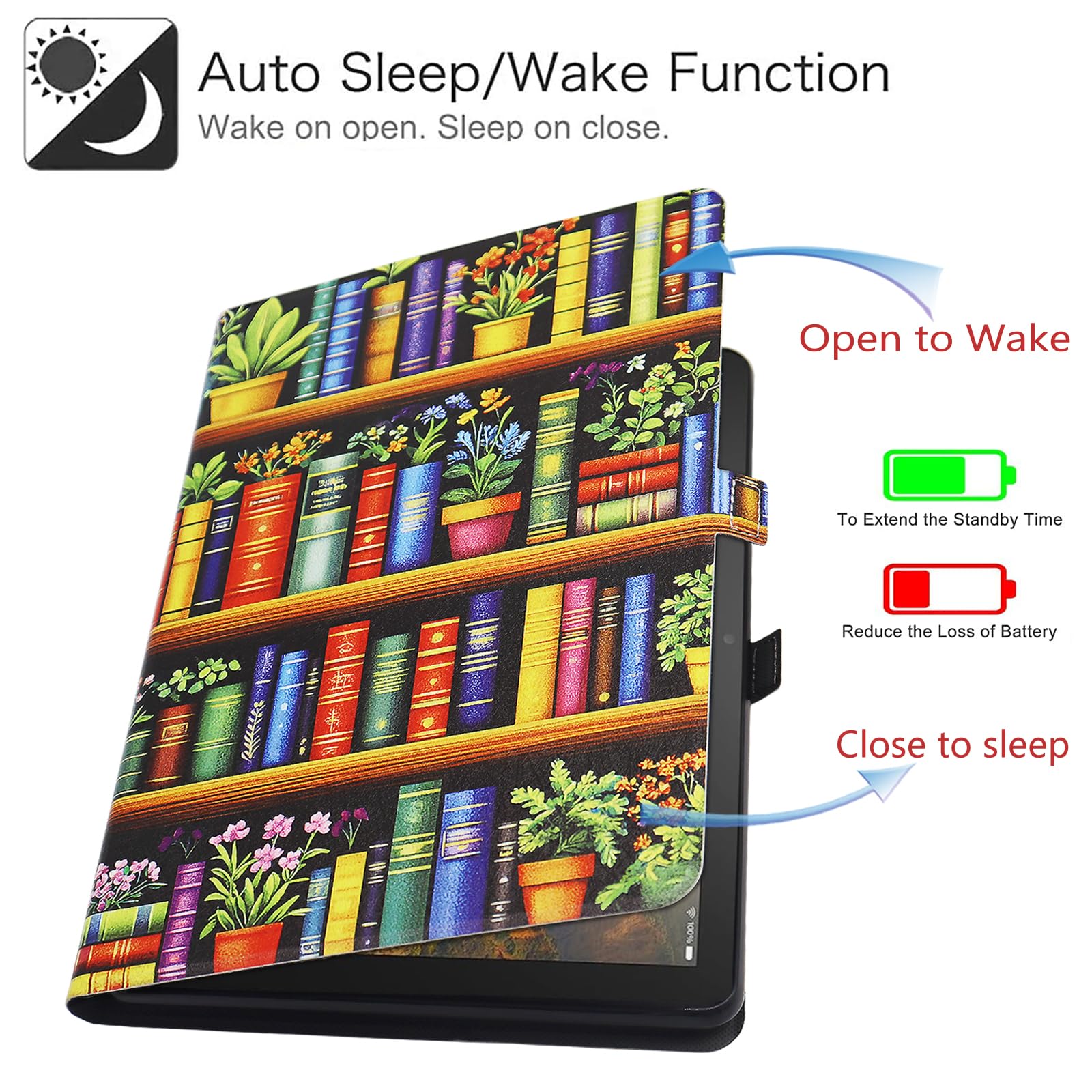 Amazon Kindle Fire HD 8 und Fire HD 8 Plus Tablet-Hülle (12./10. Generation, 2024/2022/2020), schlanke, leichte Leder-Smart-Tablet-Hülle mit automatischer Wake/Sleep-Funktion, Bücherregal